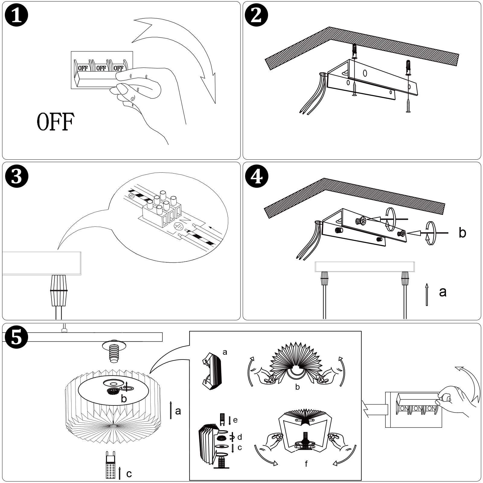 Ein Diagramm zeigt die Installationsschritte für eine Papierlampe. Schritte umfassen die Verdrahtung, Montage und Anbringen des Schirms.