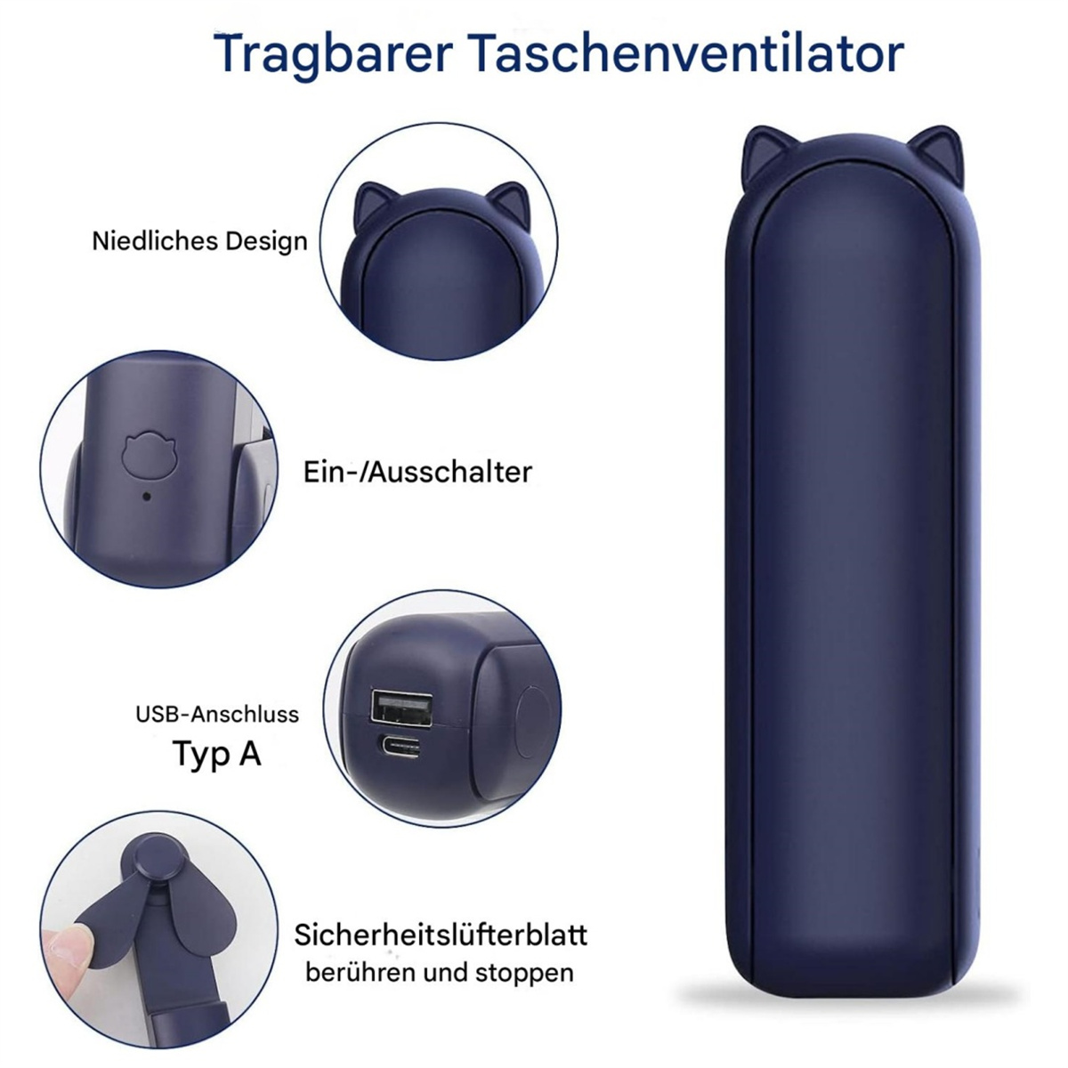 Ein marineblauer tragbarer Ventilator mit Katzenohrendesign. Er hat einen USB-Anschluss und einen Ein-/Ausschalter.