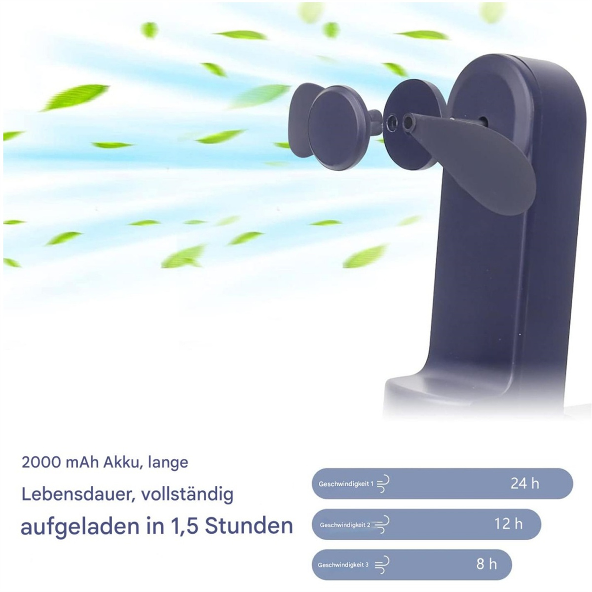 Ein marineblauer tragbarer Ventilator. Er hat einen 2000 mAh Akku und ist in 1,5 Stunden vollständig aufgeladen. Zeigt verschiedene Geschwindigkeitsdauern.