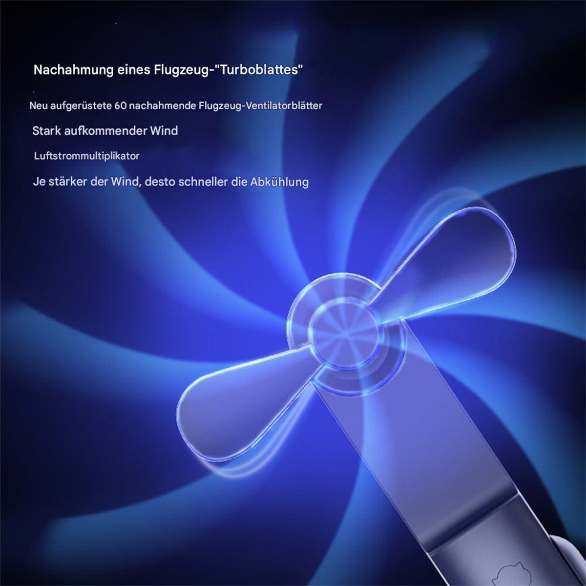 Ein tragbarer Ventilator mit blauem Lichteffekt. Der Ventilator hat ein Propellerdesign, und Text beschreibt den Windstrom.