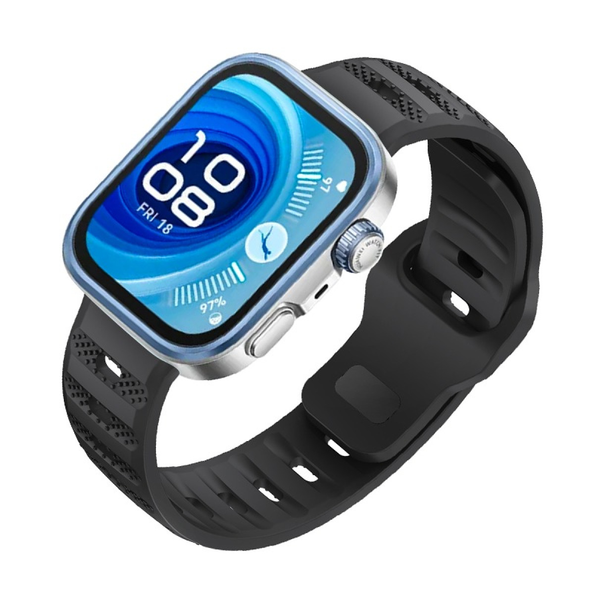 Uno smartwatch con schermo blu che mostra la data e l'ora. Il cinturino nero è attaccato all'orologio.