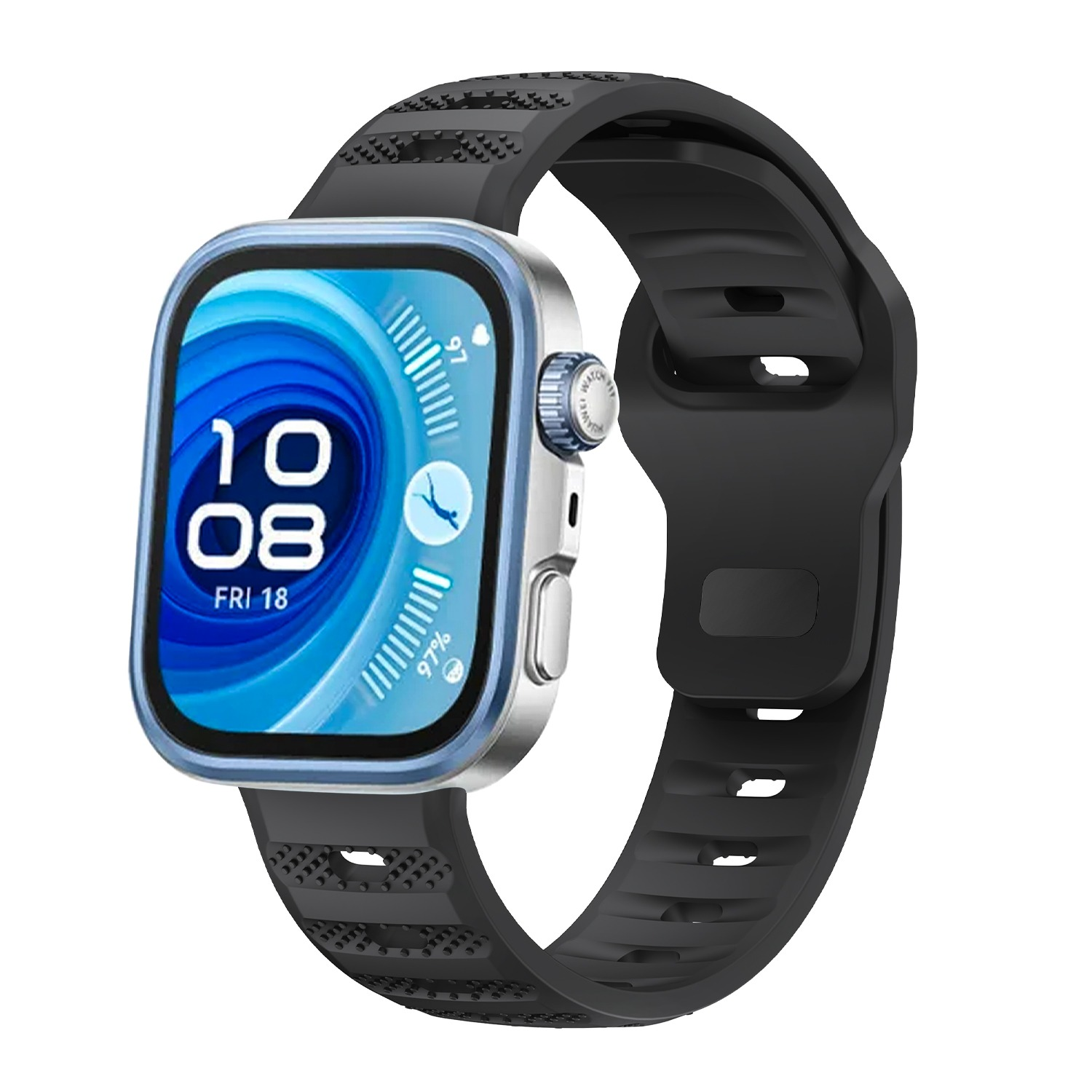 Uno smartwatch con schermo bordato di blu mostra la data e l'ora. Il cinturino nero è attaccato all'orologio.