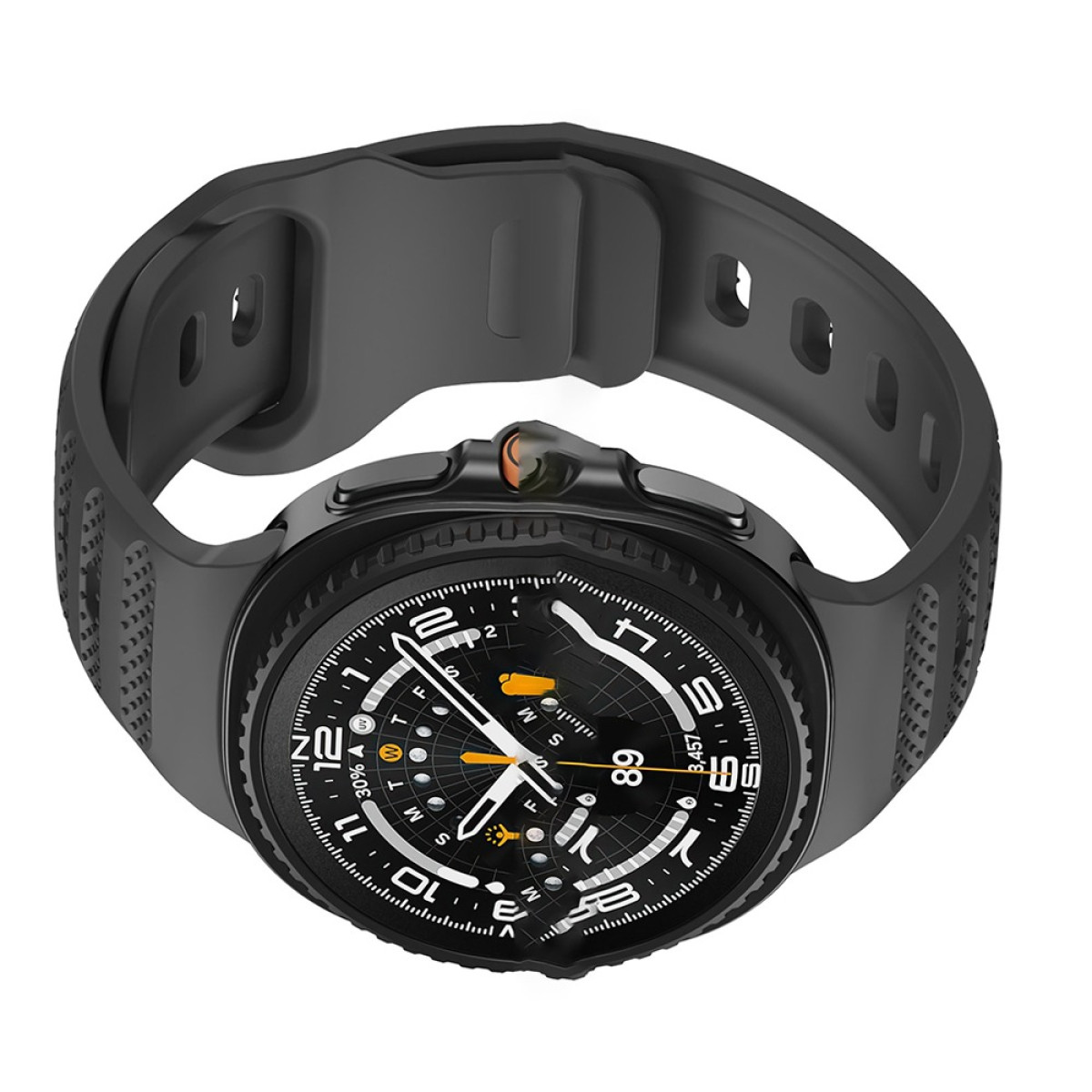 Schwarze Smartwatch mit schwarzem Armband. Das Zifferblatt hat weiße Zahlen und orangefarbene Akzente.