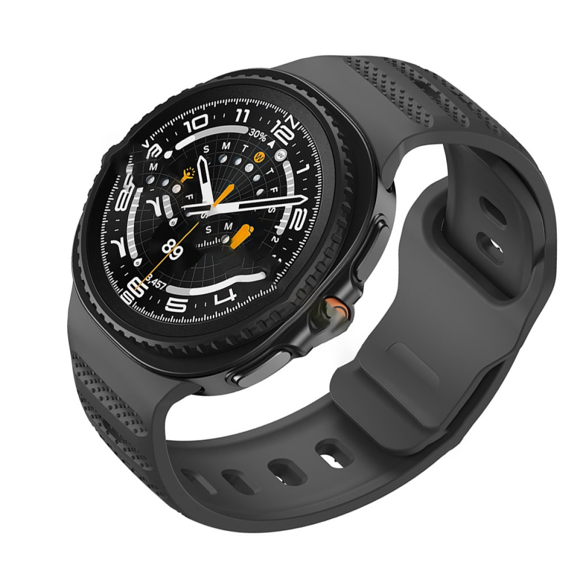 Schwarze Smartwatch mit schwarzem Armband. Das Zifferblatt hat weiße Zahlen und orangefarbene Akzente.