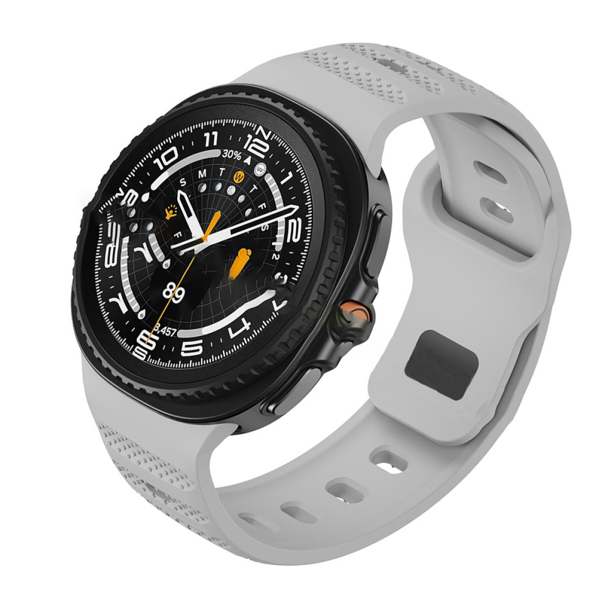 Graue Smartwatch mit grauem Armband. Das Zifferblatt hat weiße Zahlen und orangefarbene Akzente.