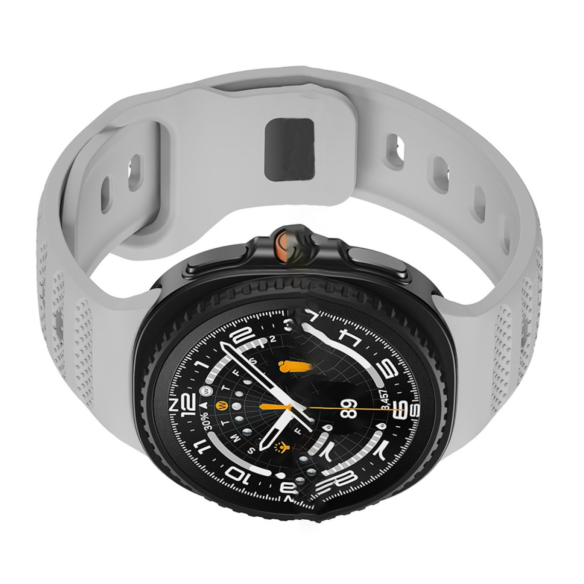Graue Smartwatch mit grauem Armband. Das Zifferblatt hat weiße Zahlen und orangefarbene Akzente.