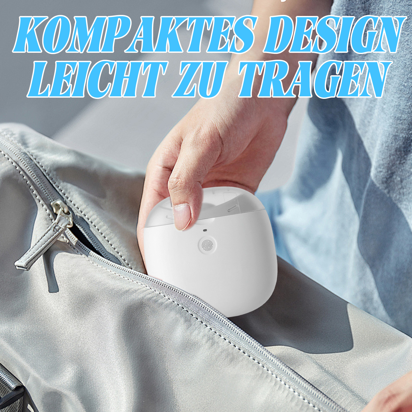Ein weißes Gerät wird in eine Tasche gelegt. Der Text oben lautet: Kompaktes Design, leicht zu tragen.