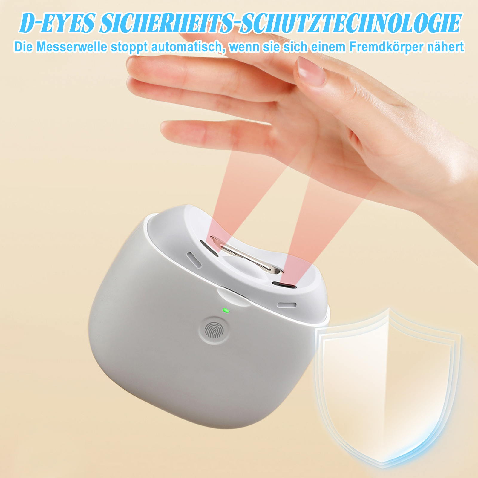 Ein weißes Gerät mit grünem Licht und einer Hand. Strahlen kommen heraus. Ein Schild befindet sich auf der rechten Seite.