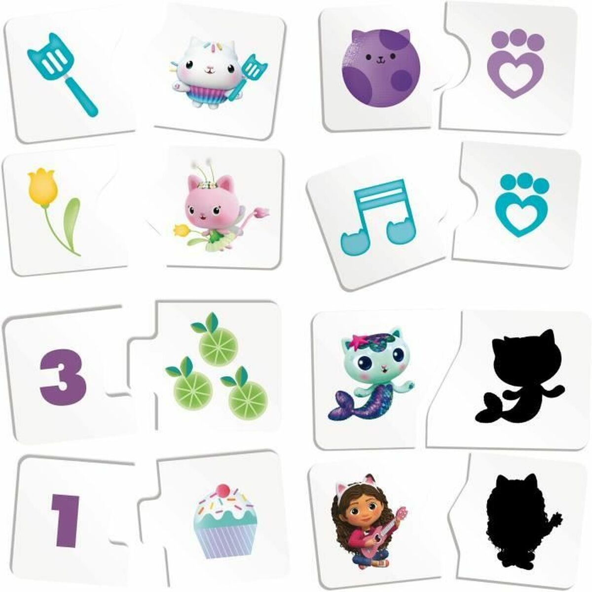 Una collezione di colorati pezzi di puzzle giocattolo con personaggi dei cartoni animati e forme su una superficie bianca.