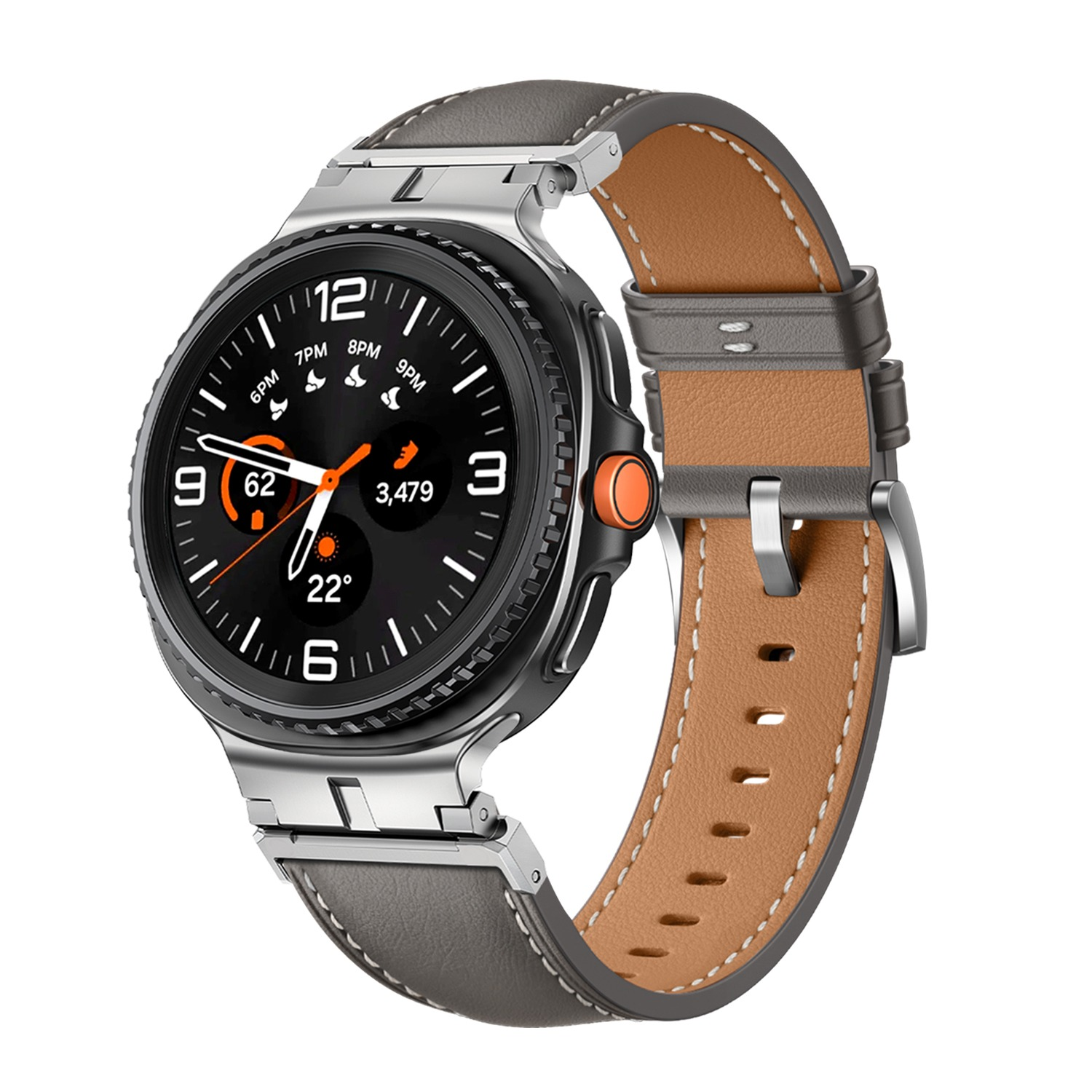 Uno smartwatch con cinturino grigio e cinturino in pelle. Il quadrante mostra ora, data e metriche di salute.