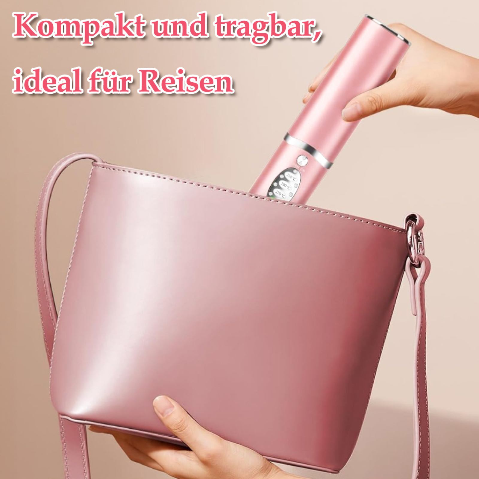 Eine rosa Handtasche und ein rosa Glätteisen werden hineingelegt, mit Text oben.