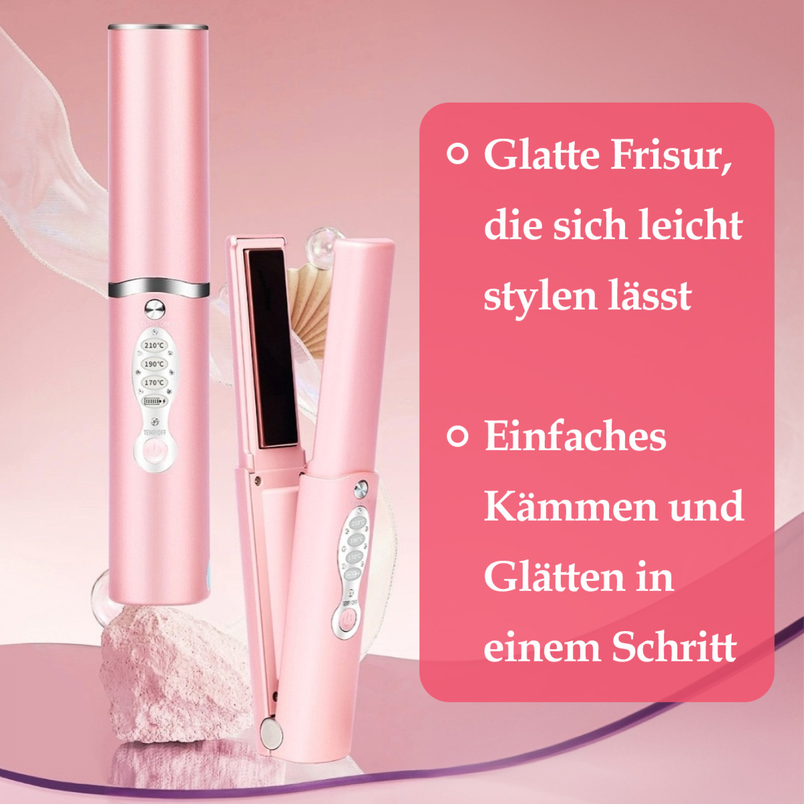 Zwei rosa Haarglätter, einer offen, und Text über das Stylen der Haare.