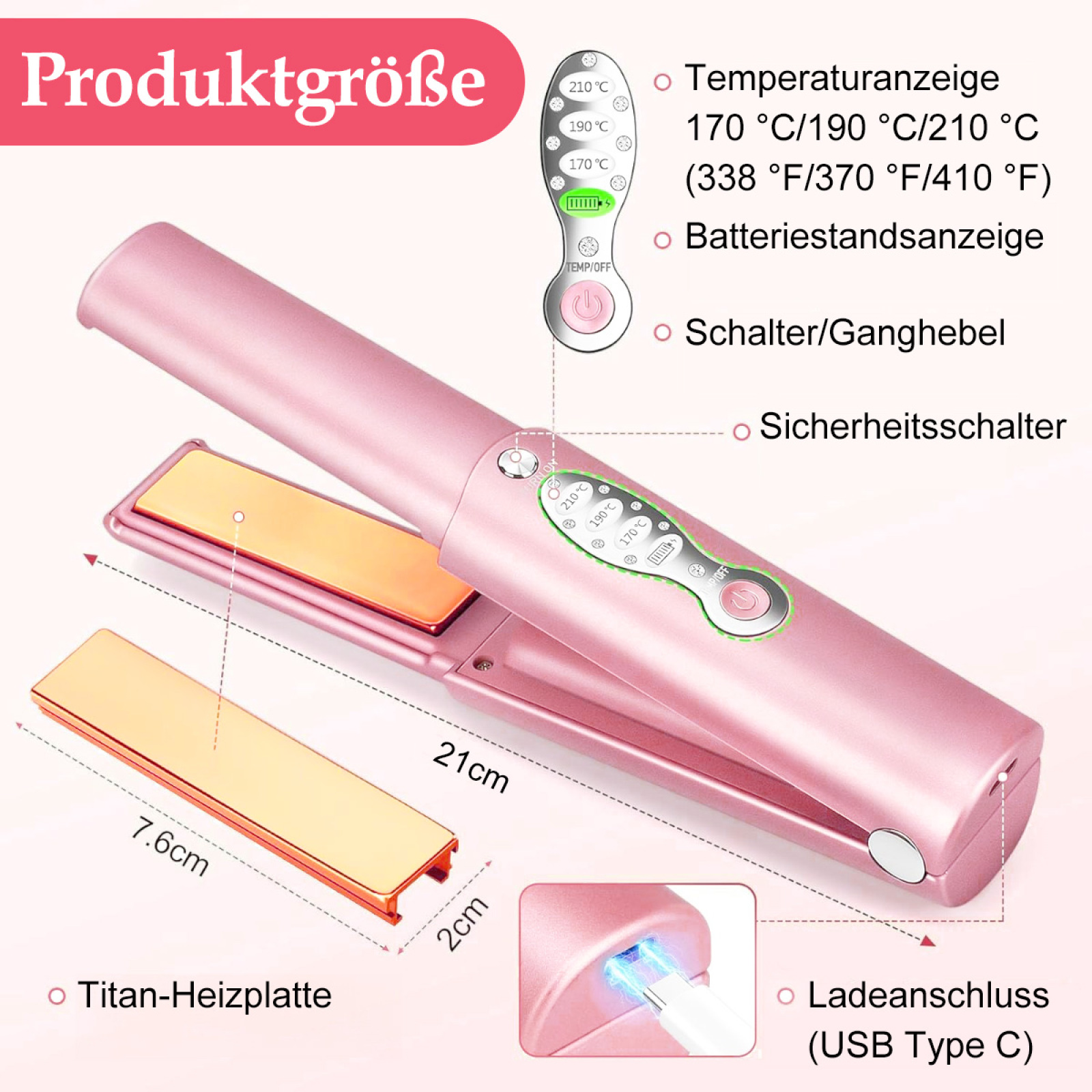 Ein rosa Haarglätter mit Beschriftungen und Abmessungen, mit Temperatureinstellungen.