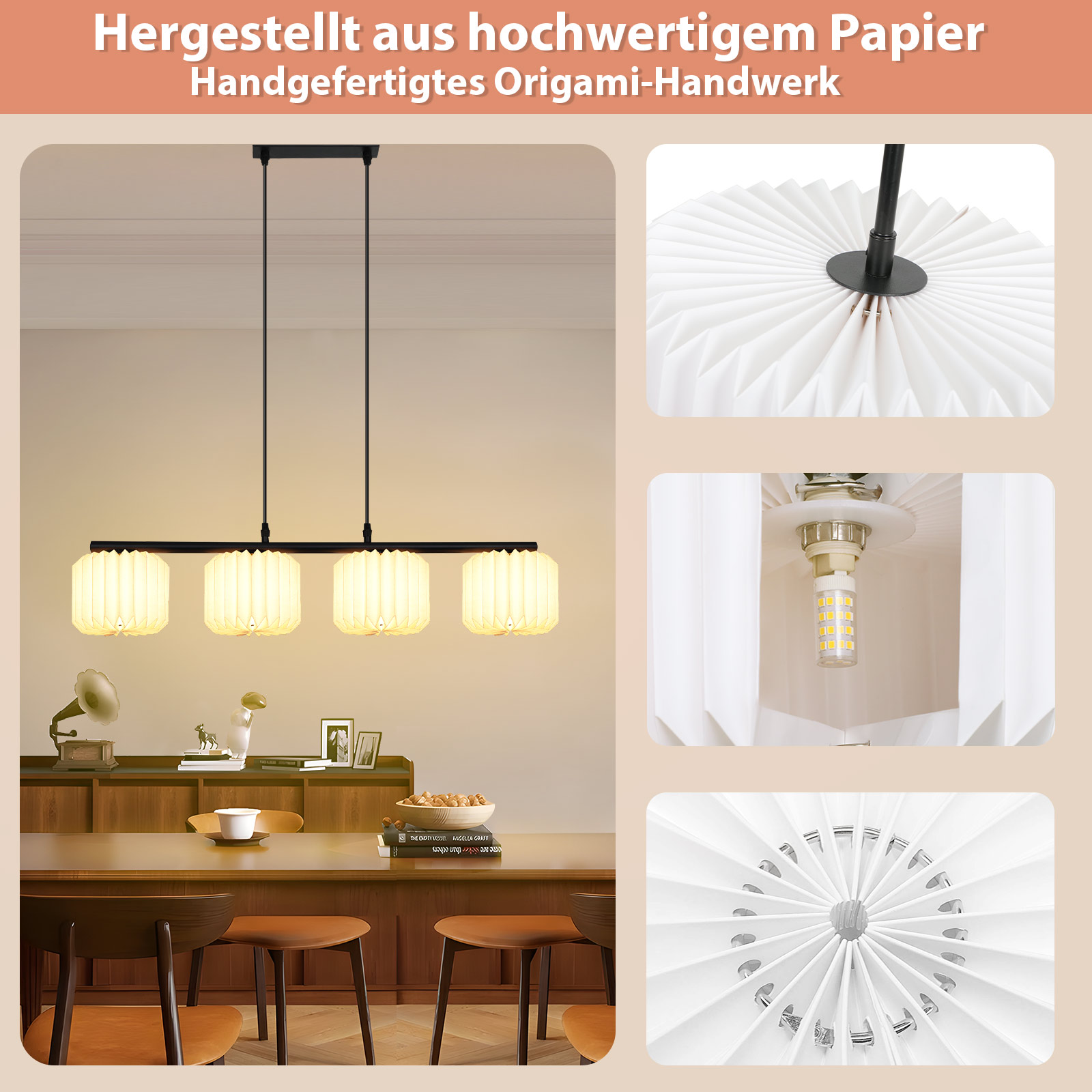 Lampa wisząca z czterema kloszami i szczegółowymi widokami rękodzieła z papieru.