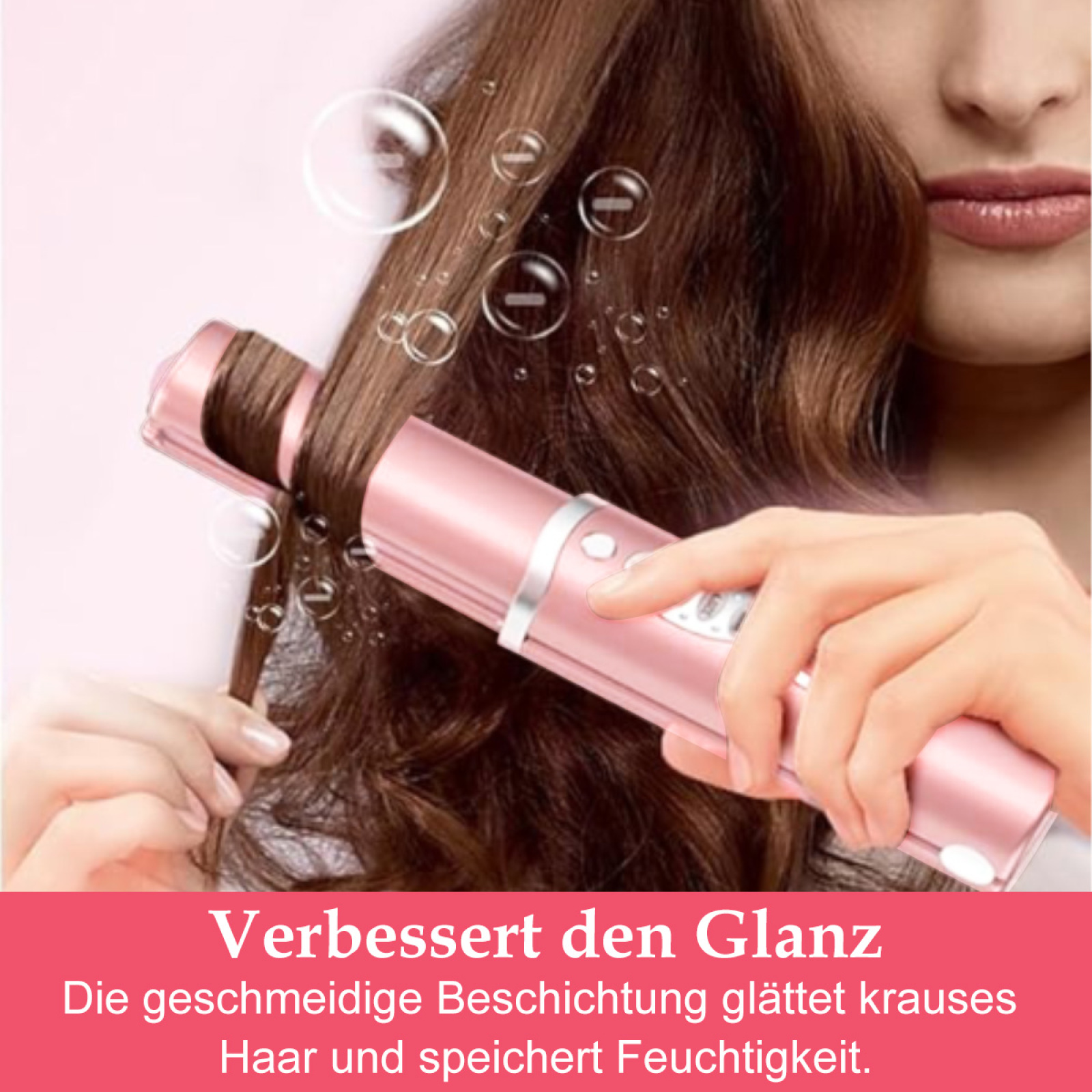 Eine Frau benutzt einen rosa Haarglätter, um Haare zu glätten, mit Blasen drum herum.
