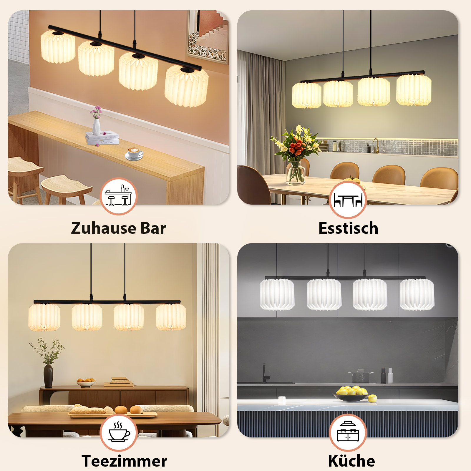 Kolaż czterech zdjęć przedstawiających nowoczesny design lampy w różnych ustawieniach.