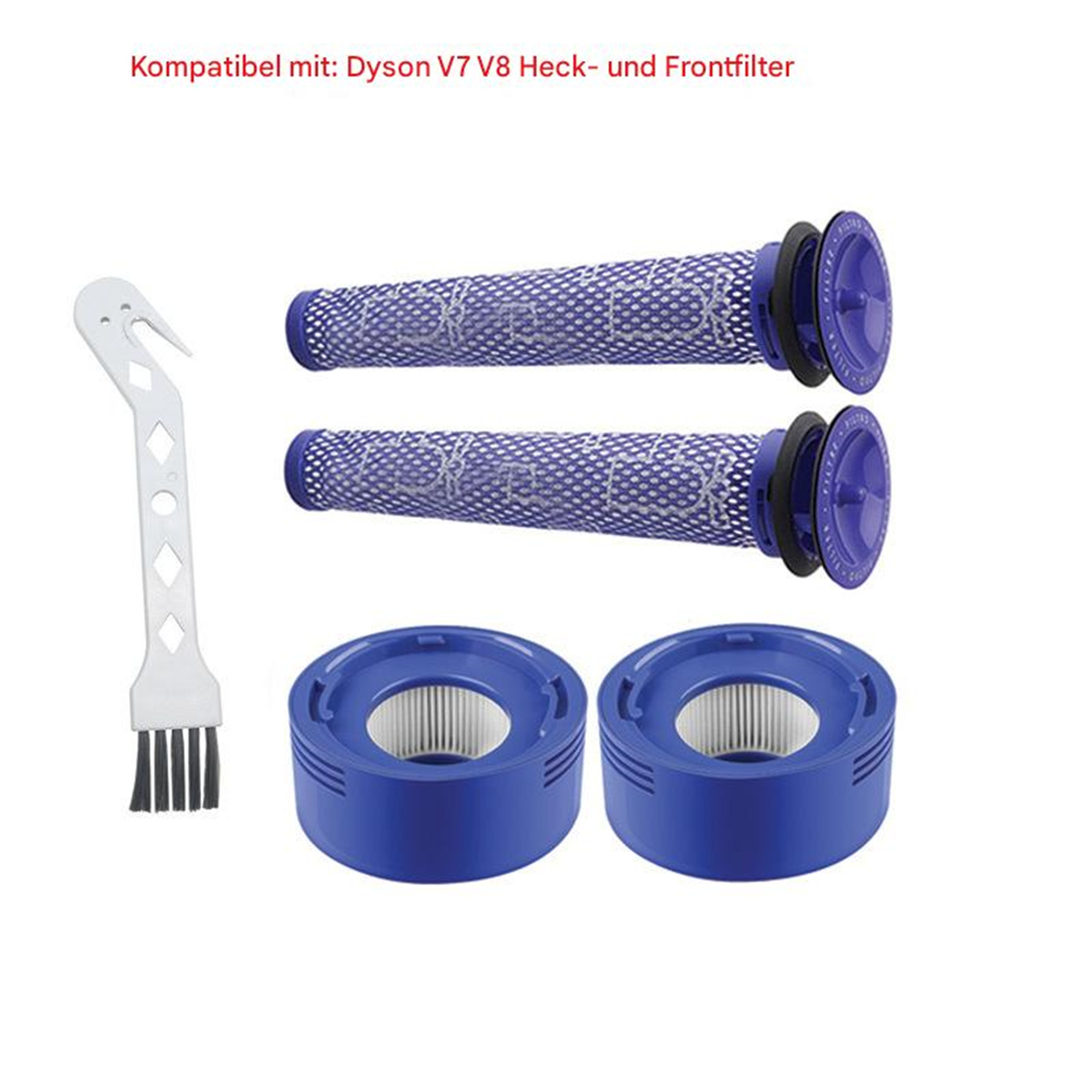Zwei blaue Dyson-Filter und eine Reinigungsbürste sind zur Produktpräsentation auf einem weißen Hintergrund angeordne