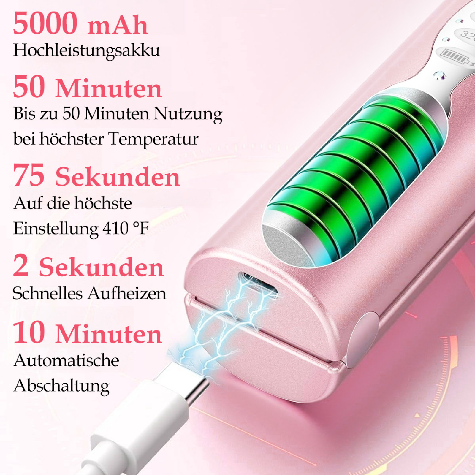 Nahaufnahme eines rosafarbenen Haarstylinggeräts, das den Akku, den Ladeanschluss und die Temperatureinstellungen mi