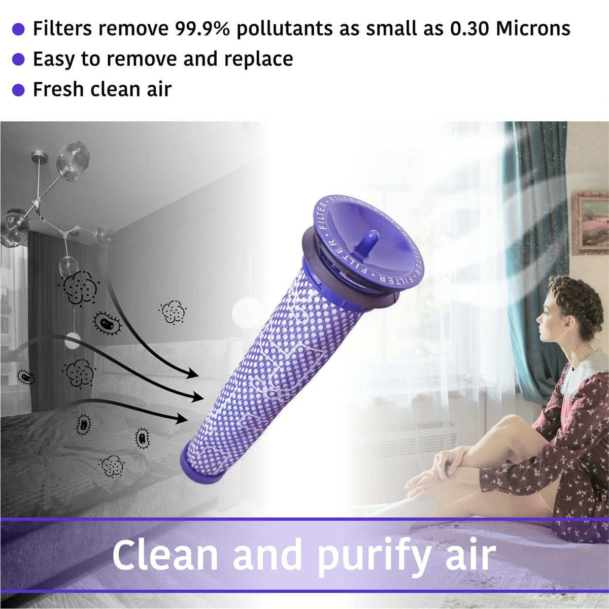 Ein blauer Dyson-Filter wird vor einem verschwommenen Innenraum präsentiert, um seine Rolle bei der Luftreinigung z
