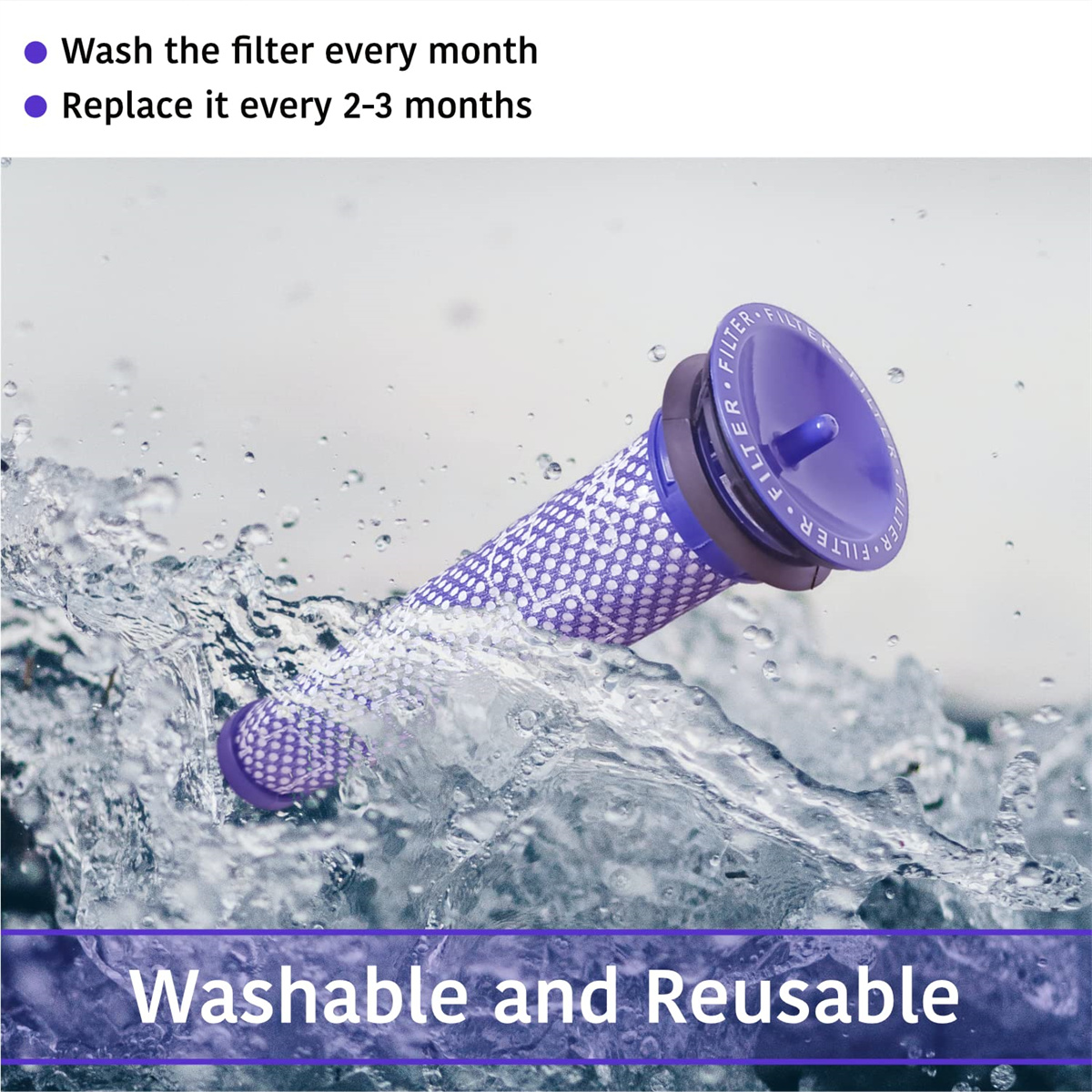 Ein blauer Dyson-Filter wird unter Wasser gezeigt, um seine waschbaren und wiederverwendbaren Eigenschaften hervorzuhe