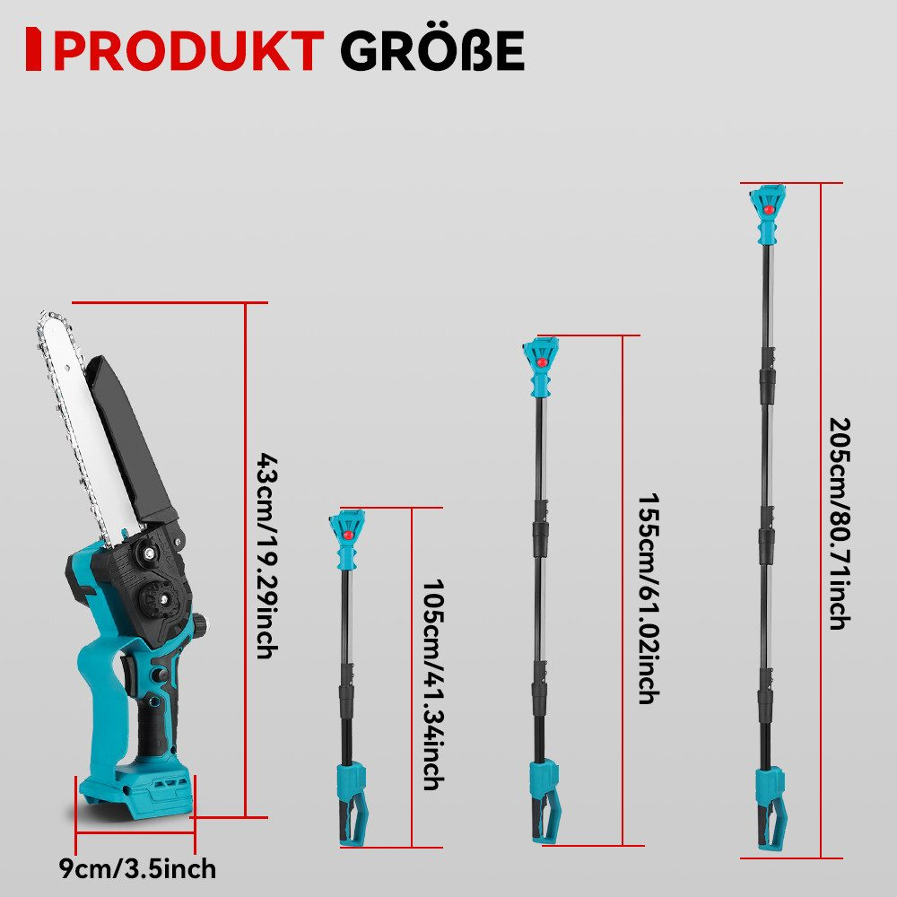 Diagramm, das die Abmessungen einer türkisfarbenen und schwarzen Akku-Stangensäge und Mini-Kettensäge in verschiede