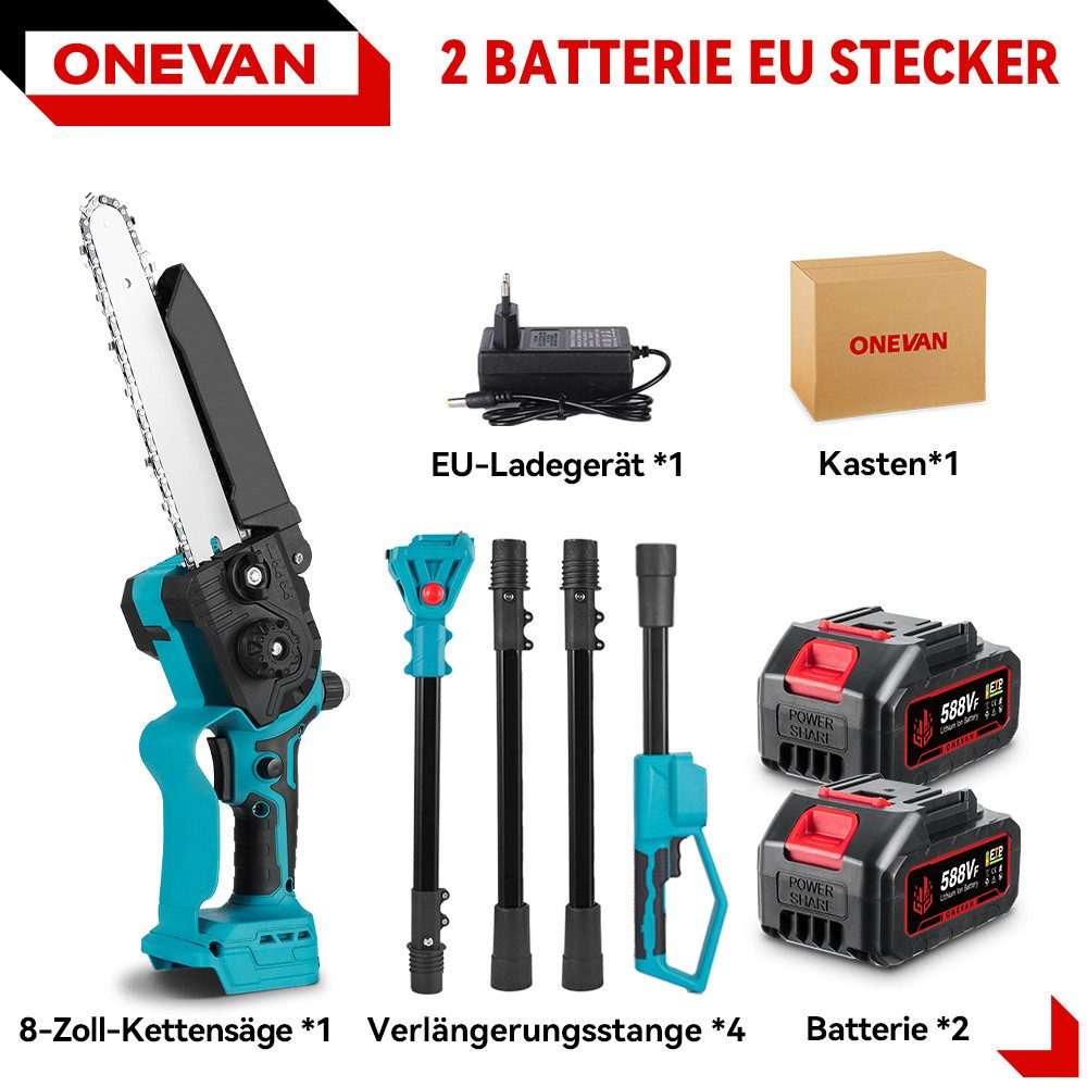 Werkzeugsatz: Kettensäge, Ladegerät, Akku, Verlängerungsstangen und eine Box, alles auf weißem Untergrund.