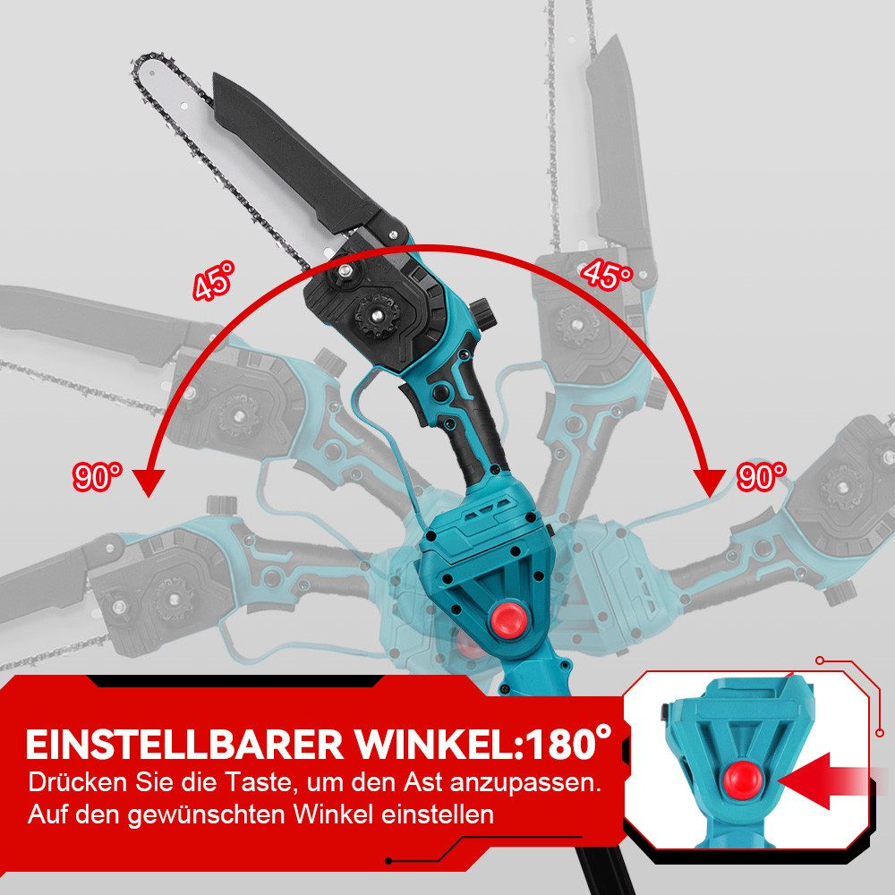 Eine Kettensäge mit einstellbaren Winkeleinstellungen. Das Bild zeigt die Kettensäge, die sich um 45 und 90 Grad dreht.