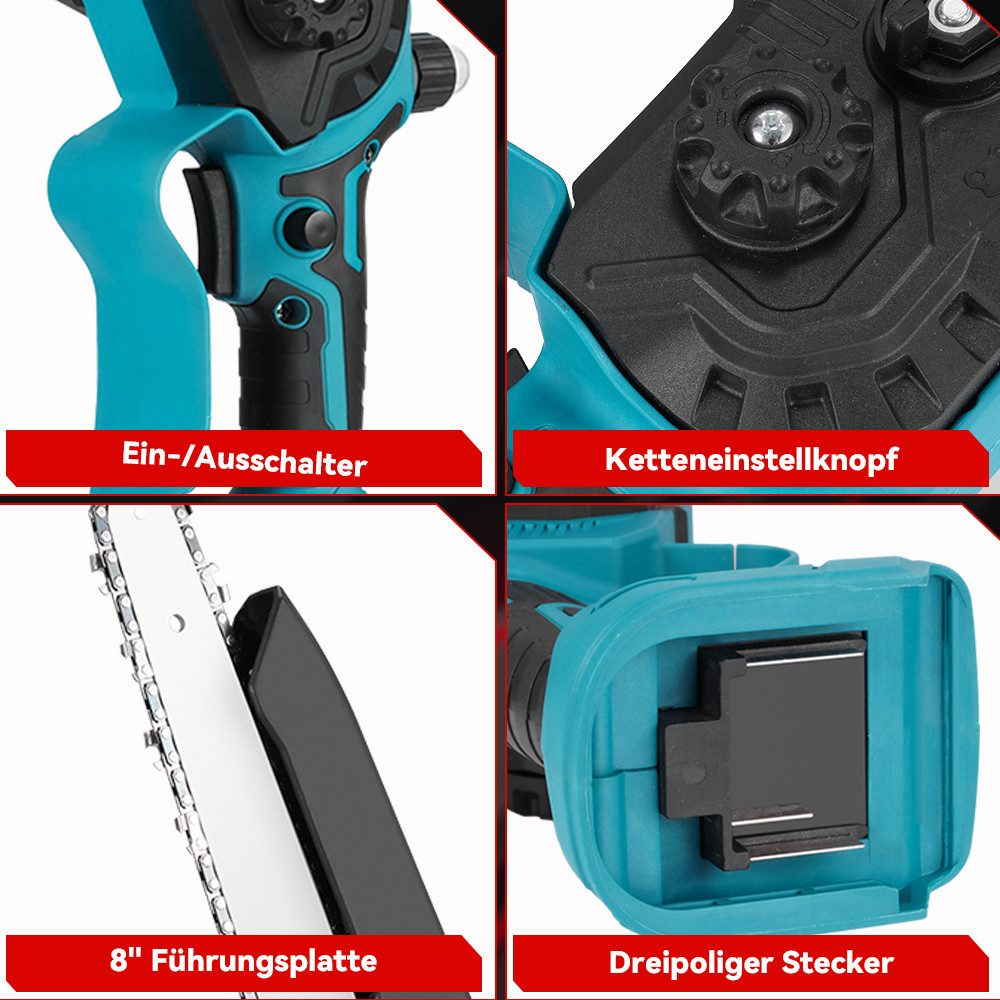Nahaufnahme einer Kettensäge: Schalter, Klinge, Batterieanschluss und Kettenspannknopf. Alle Teile im Detail.