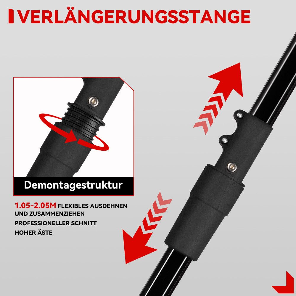 Diagramm der Verlängerungsstange mit detaillierter Ansicht ihrer Struktur und den roten Pfeilen, die die Richtungen anzeigen.