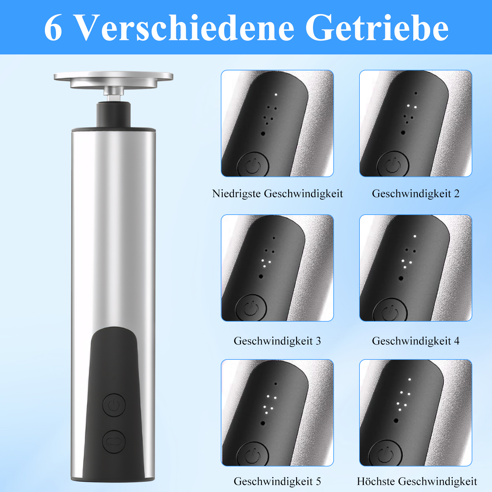 Ein elektrischer Weinöffner mit Geschwindigkeitseinstellungen, der die niedrigsten bis höchsten Geschwindigkeiten mit Lichtanzeigen zeigt.