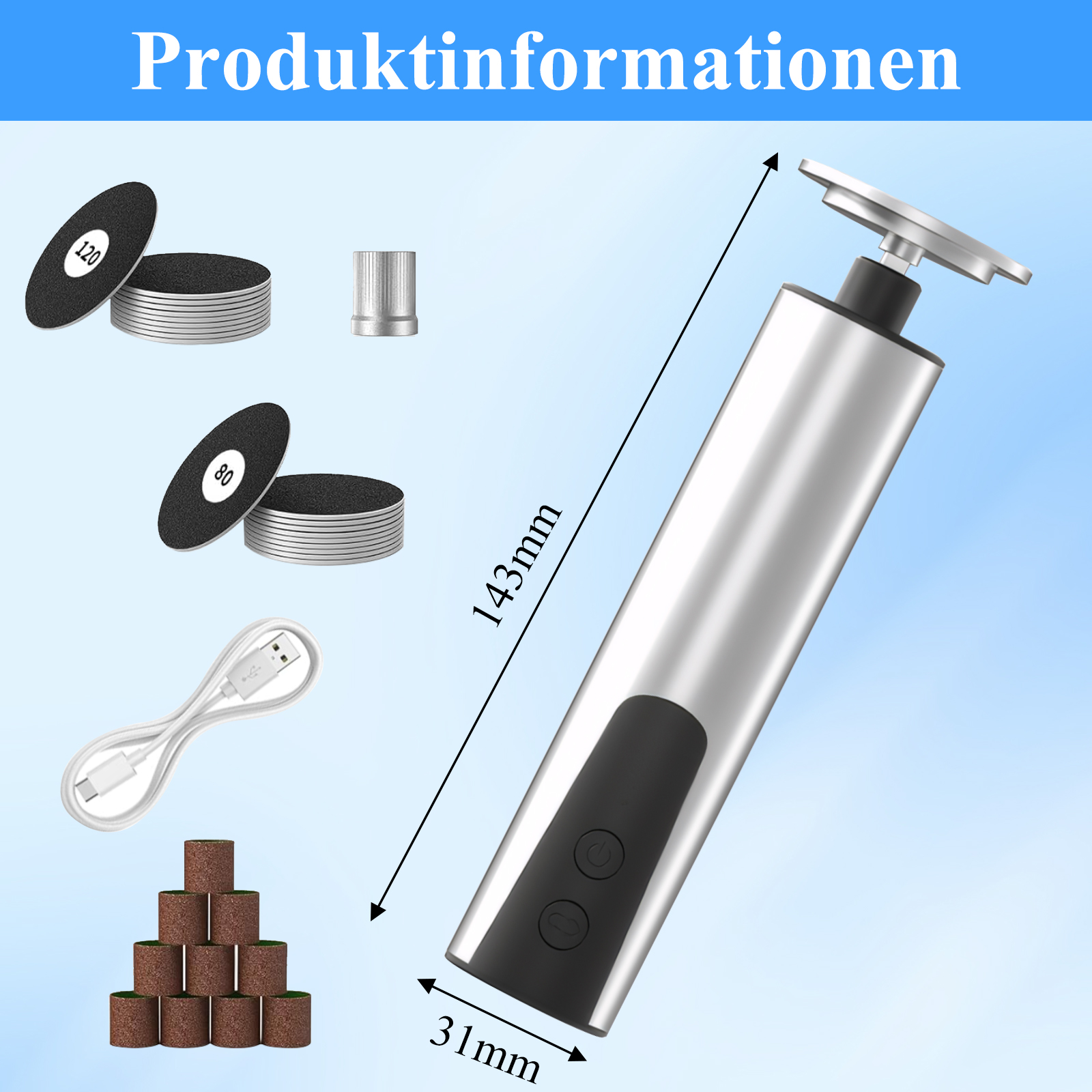 Produktinformationen für einen Fußschleifer, die seine Abmessungen und mitgeliefertes Zubehör wie Schleifpads zeigen.