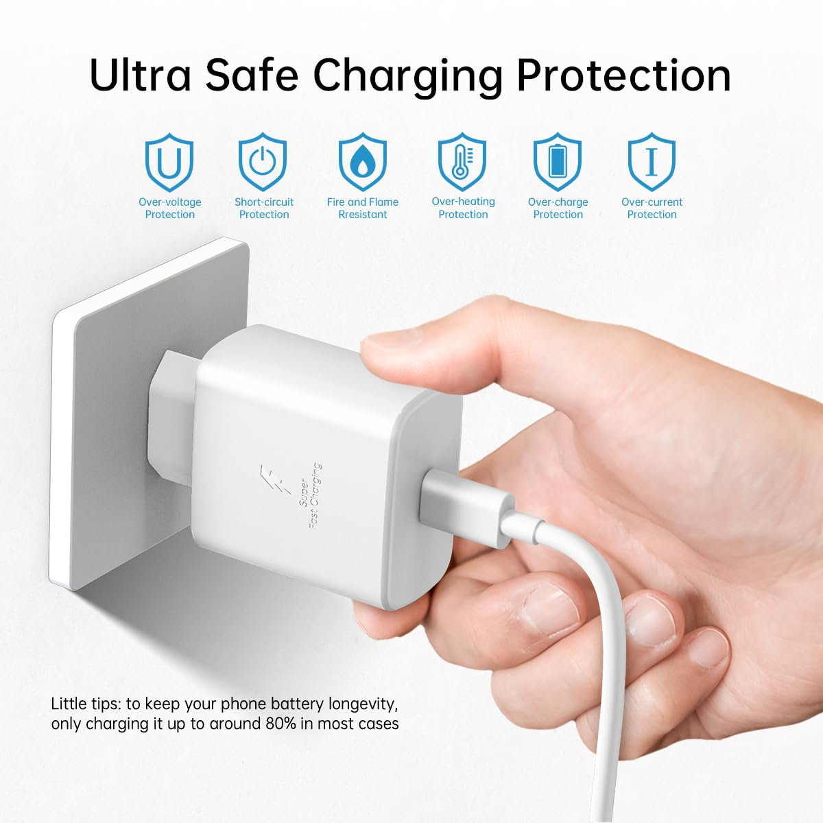Ein weißes Ladeadapter, der in eine Wand gesteckt ist. Eine Hand hält das Ladekabel, das mit dem Adapter verbunden ist.