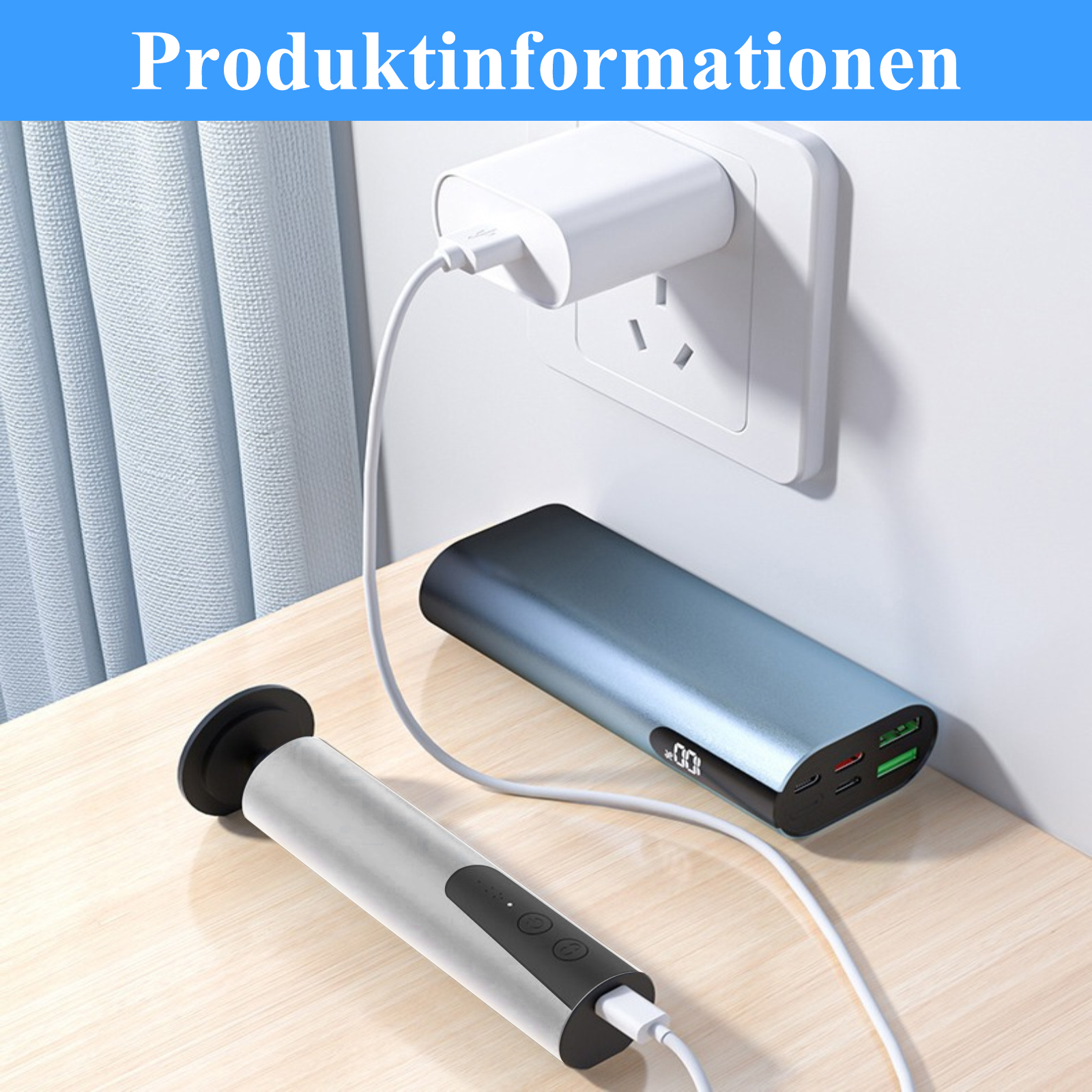 Ein Ladekabel, das mit einer Powerbank und einer Steckdose verbunden ist. Das Gerät befindet sich auf einem Tisch. Text: Produktinformationen.