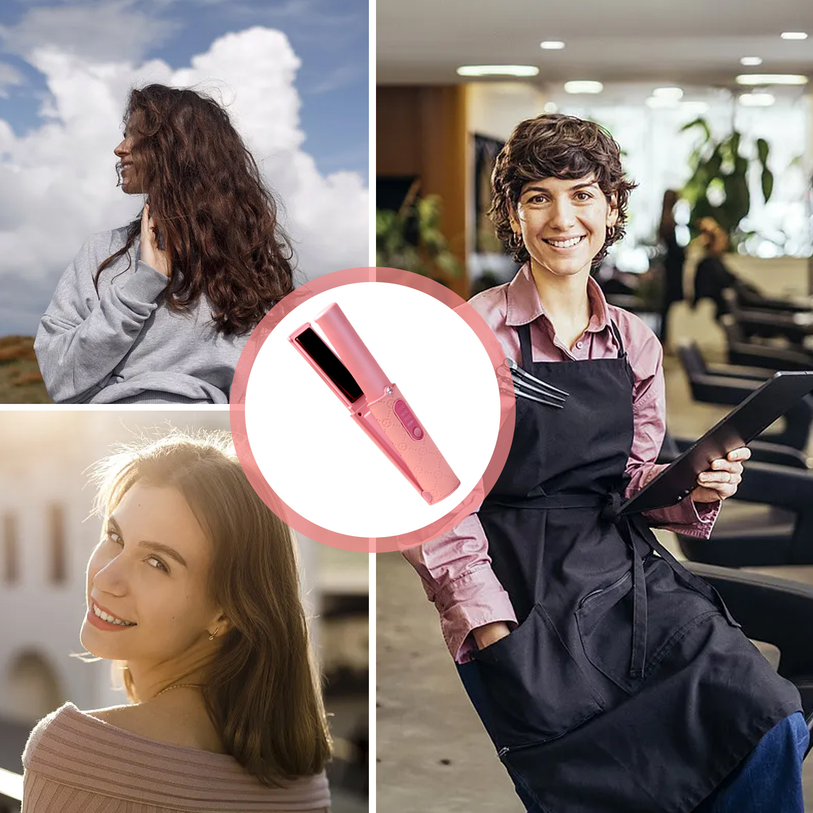 Eine Collage von drei Frauen mit verschiedenen Frisuren und einem rosa Haarglätter in der Mitte.