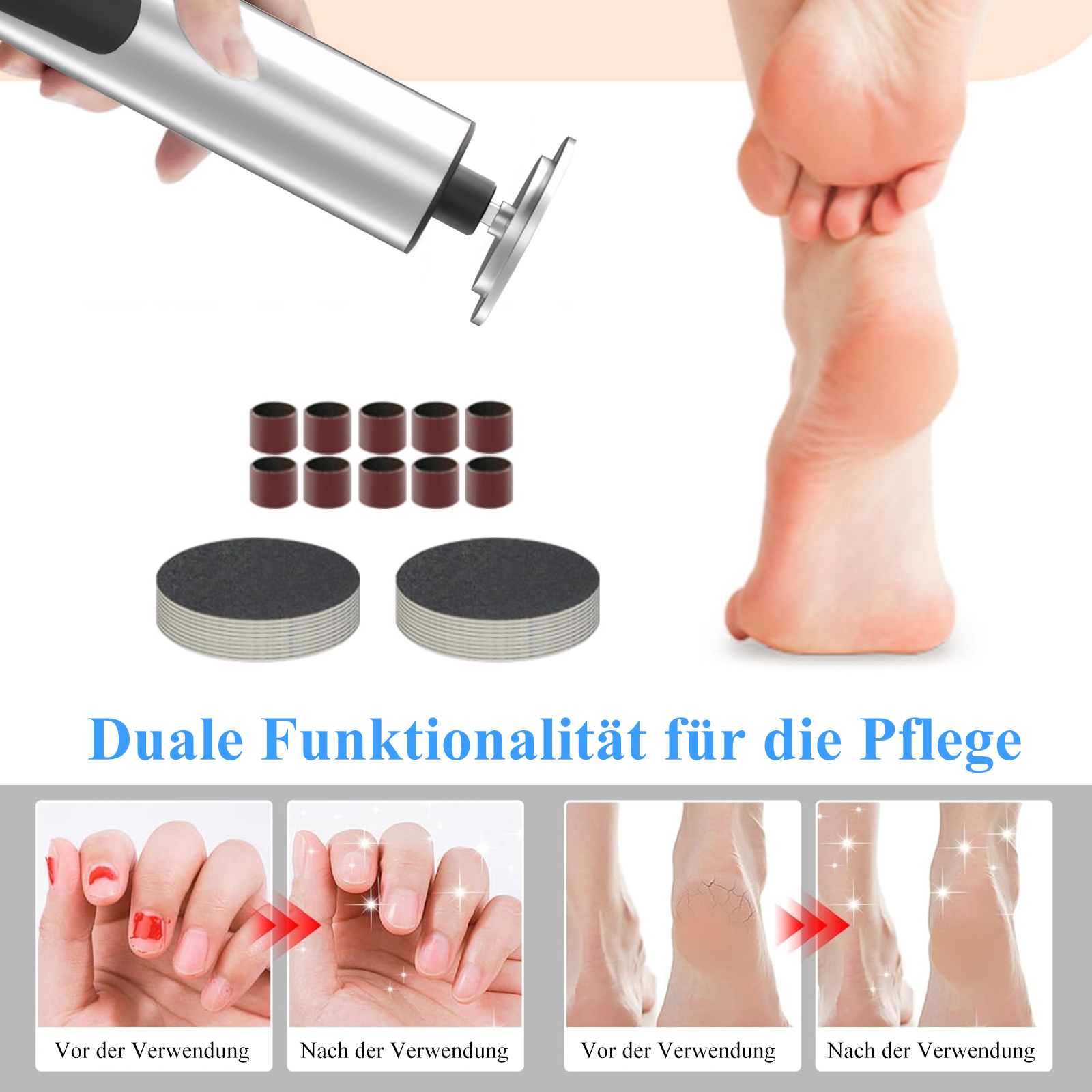 Bilder, die die Verwendung eines Fußpflegegeräts zeigen. Vorher-Nachher-Bilder von Nägeln und rissigen Fersen.