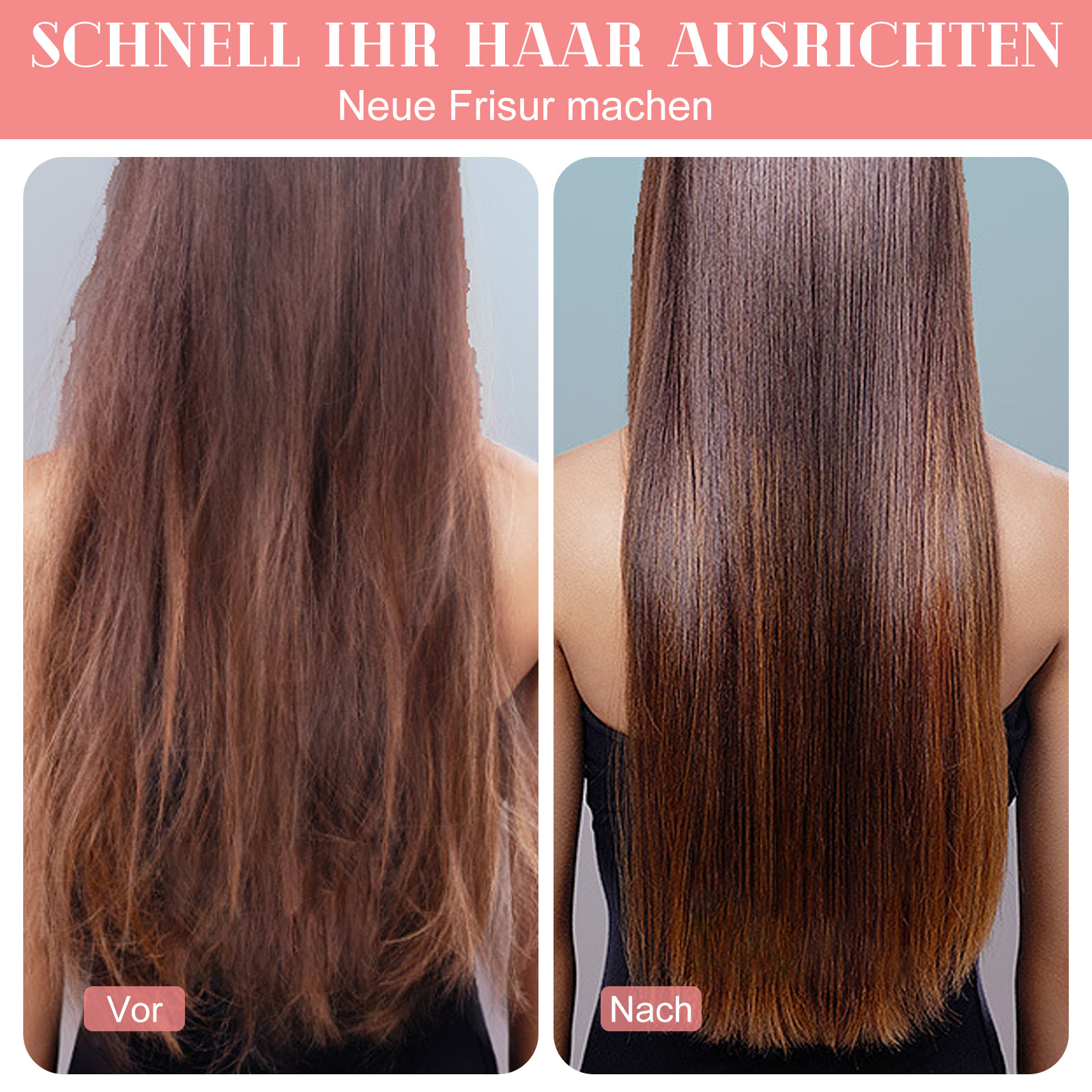 Vorher-Nachher-Bilder des Haares einer Frau, das mit einem Glätteisen geglättet wird.