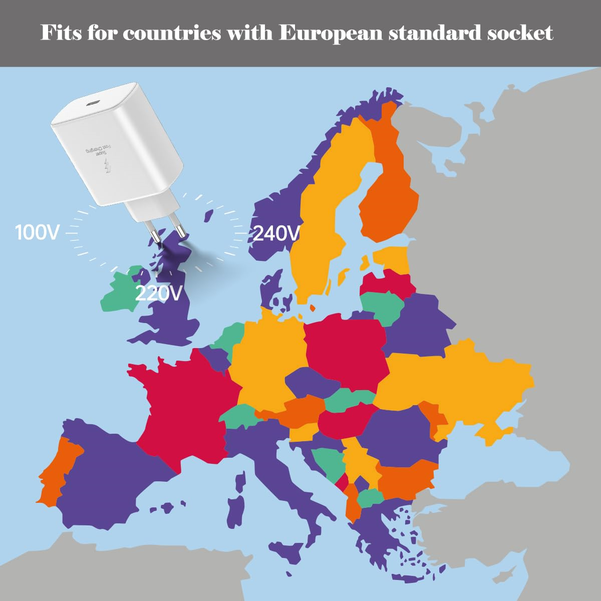 Ein Ladeadapter mit Stecker in Großbritannien und eine Karte von Europa, die zeigt, in welche Länder er passt.
