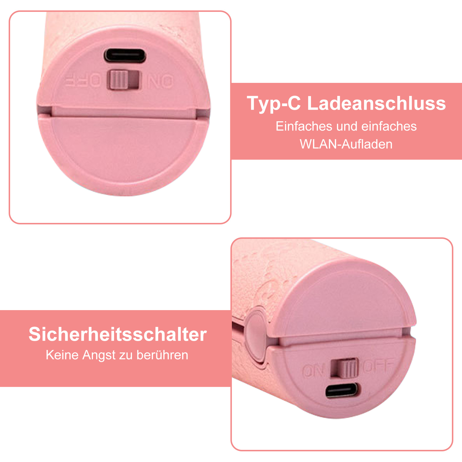 Nahaufnahme eines rosa Geräts. Zeigt den Ladeanschluss, den Ein-/Ausschalter und den Sicherheitsschalter.