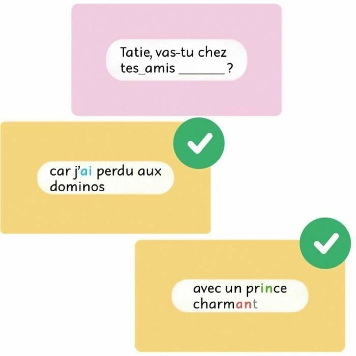 Tre carte con testo in francese. Due carte hanno segni di spunta, una carta ha una croce.