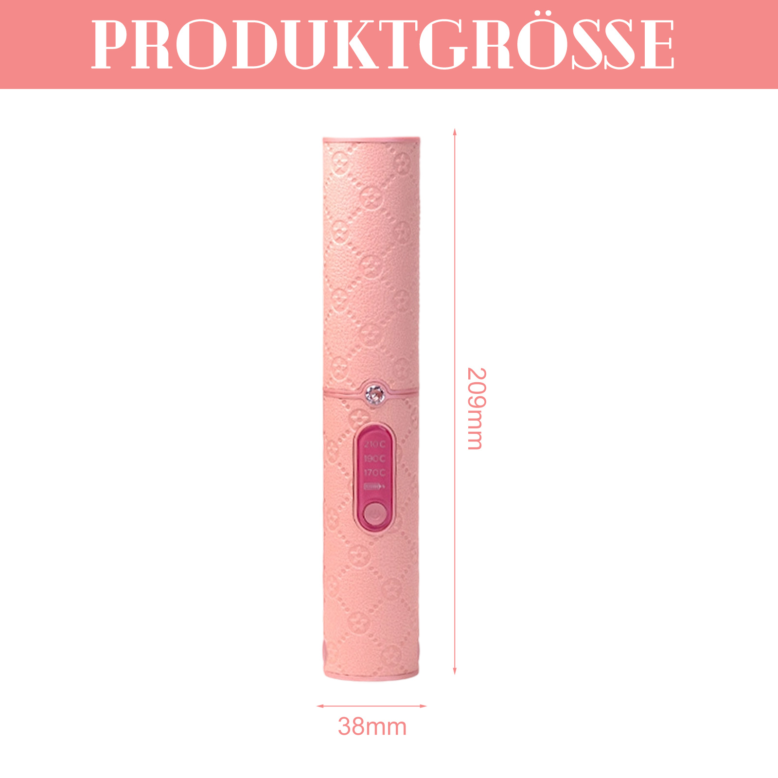 Ein rosa Haarglätter mit angegebenen Abmessungen. Er ist 209 mm lang und 38 mm breit.