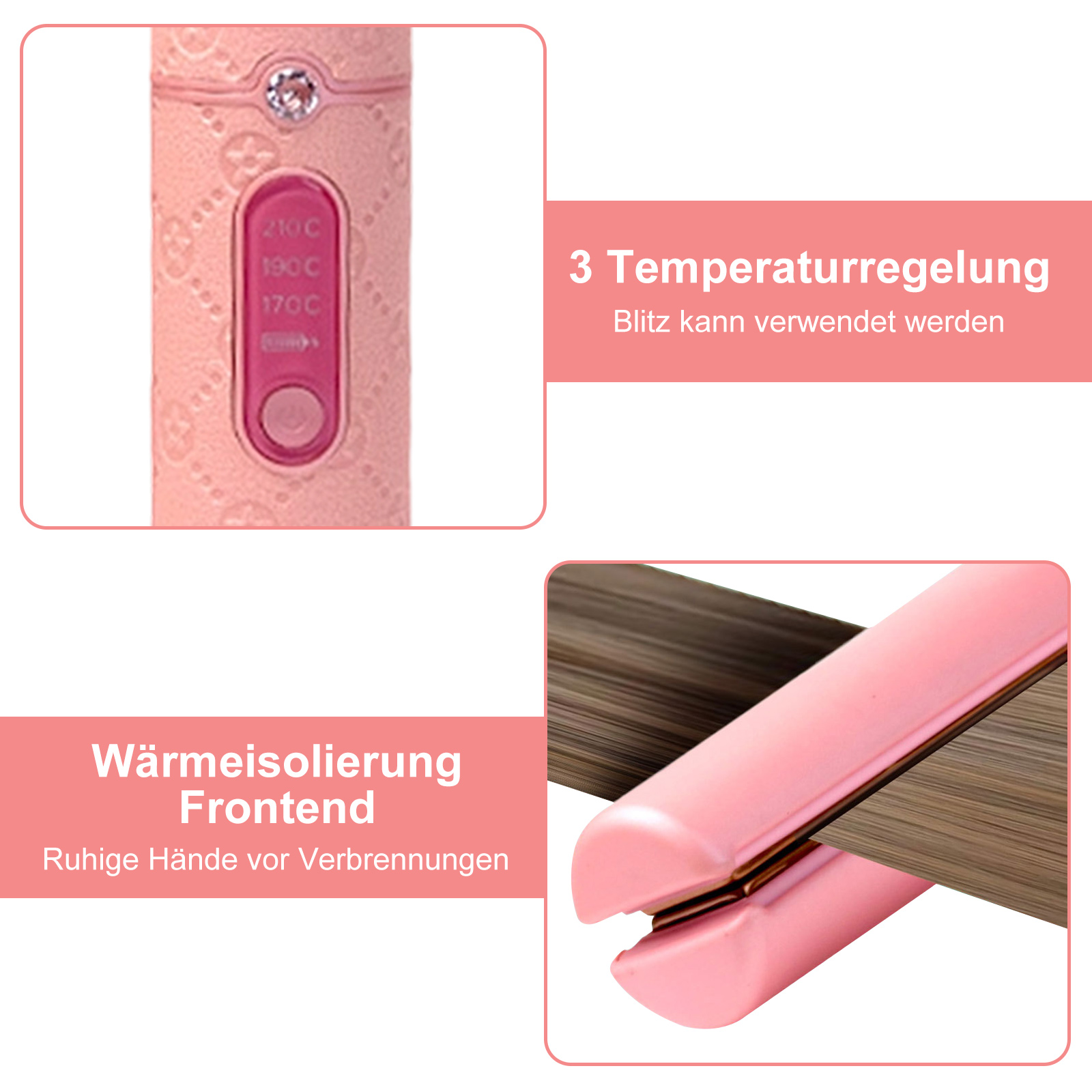 Nahaufnahme eines rosa Haarglätters, der Temperatureinstellungen und die beheizten Platten zeigt.