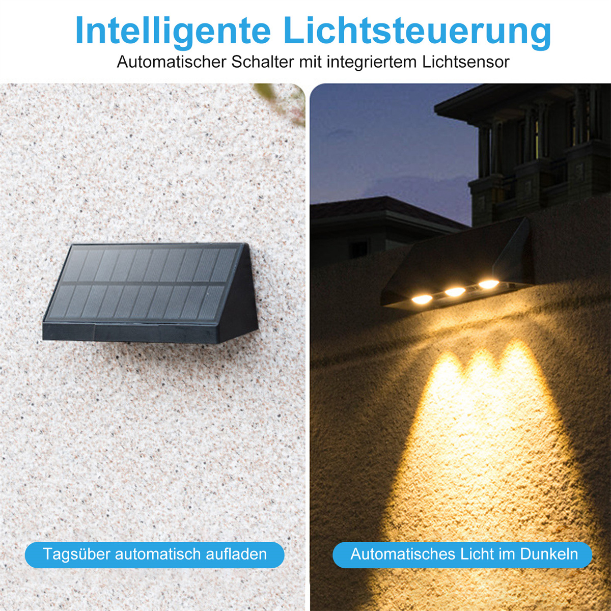 Eine Solarlampe an einer Wand, mit Text, der automatisches Aufladen am Tag und Licht in der Nacht beschreibt.