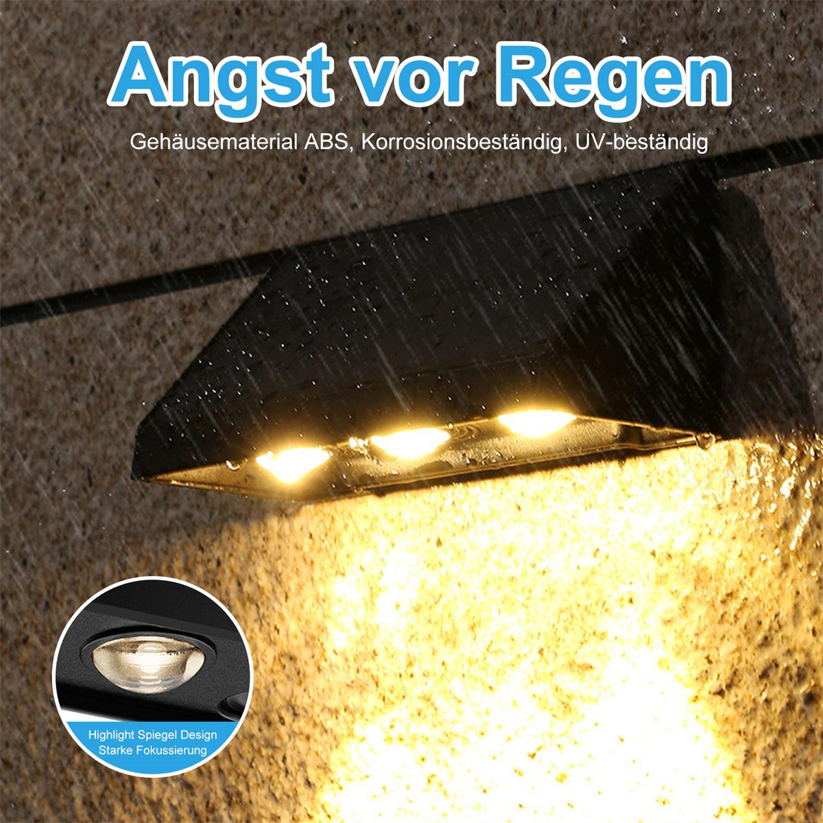 Eine Solarlampe an einer Wand mit Regeneffekt, Text über Wasserbeständigkeit und eine Nahaufnahme einer Lampe.