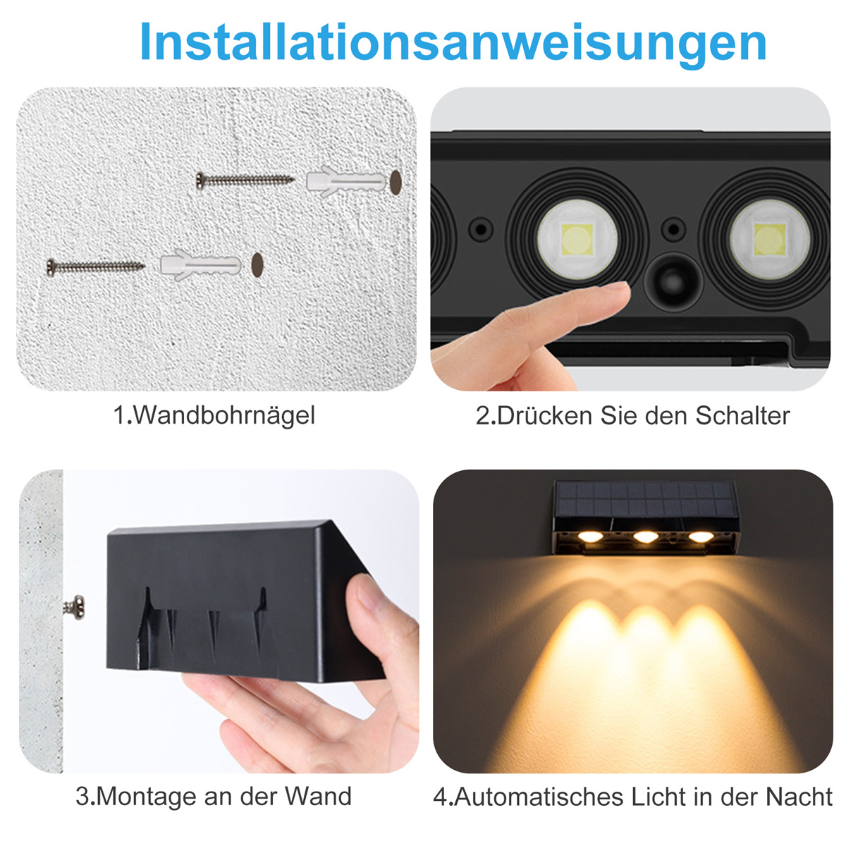 Installationsanweisungen für eine Solarlampe, mit Schritten zum Bohren, Drücken eines Schalters und zur Montage.