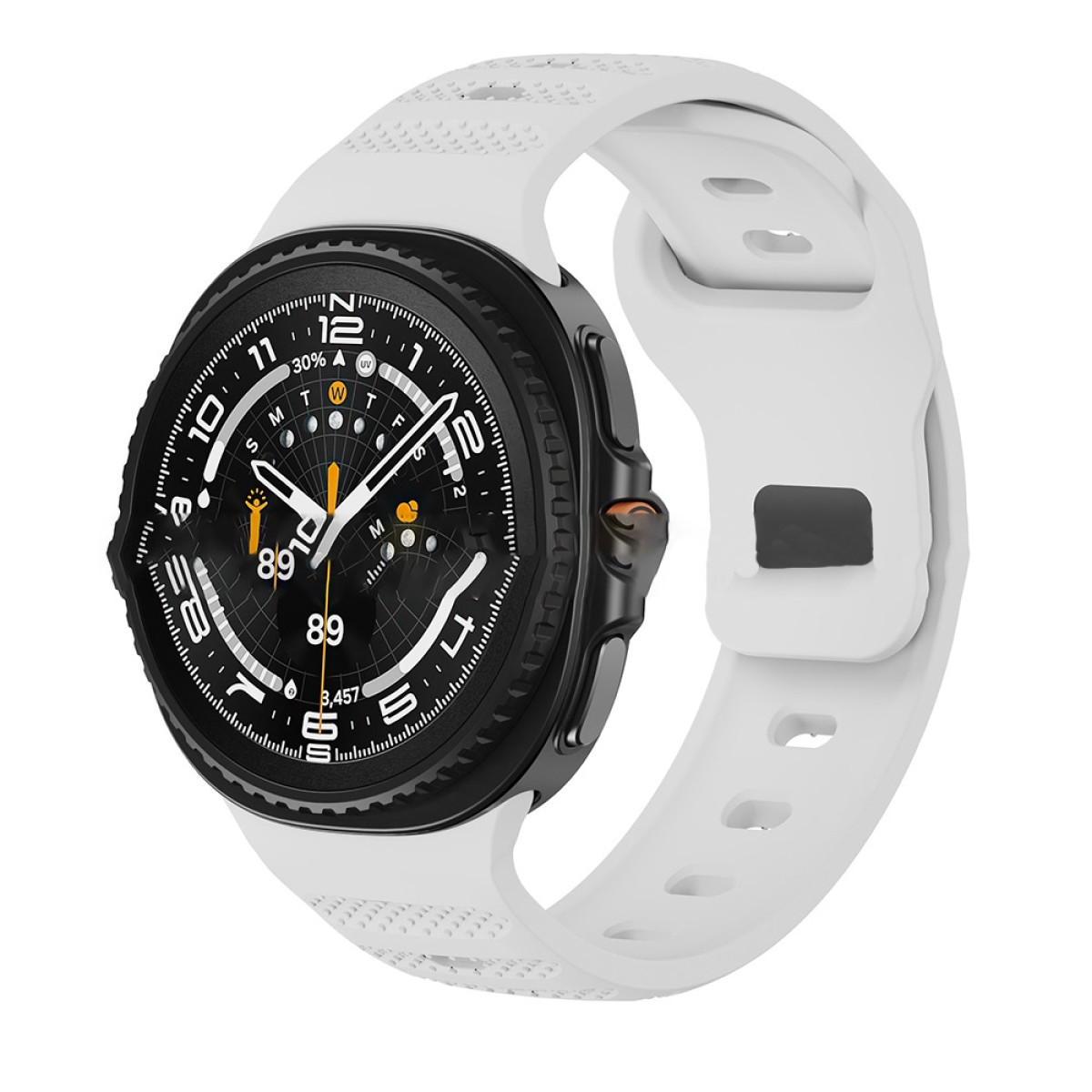 Uno smartwatch nero con cinturino bianco su sfondo bianco.