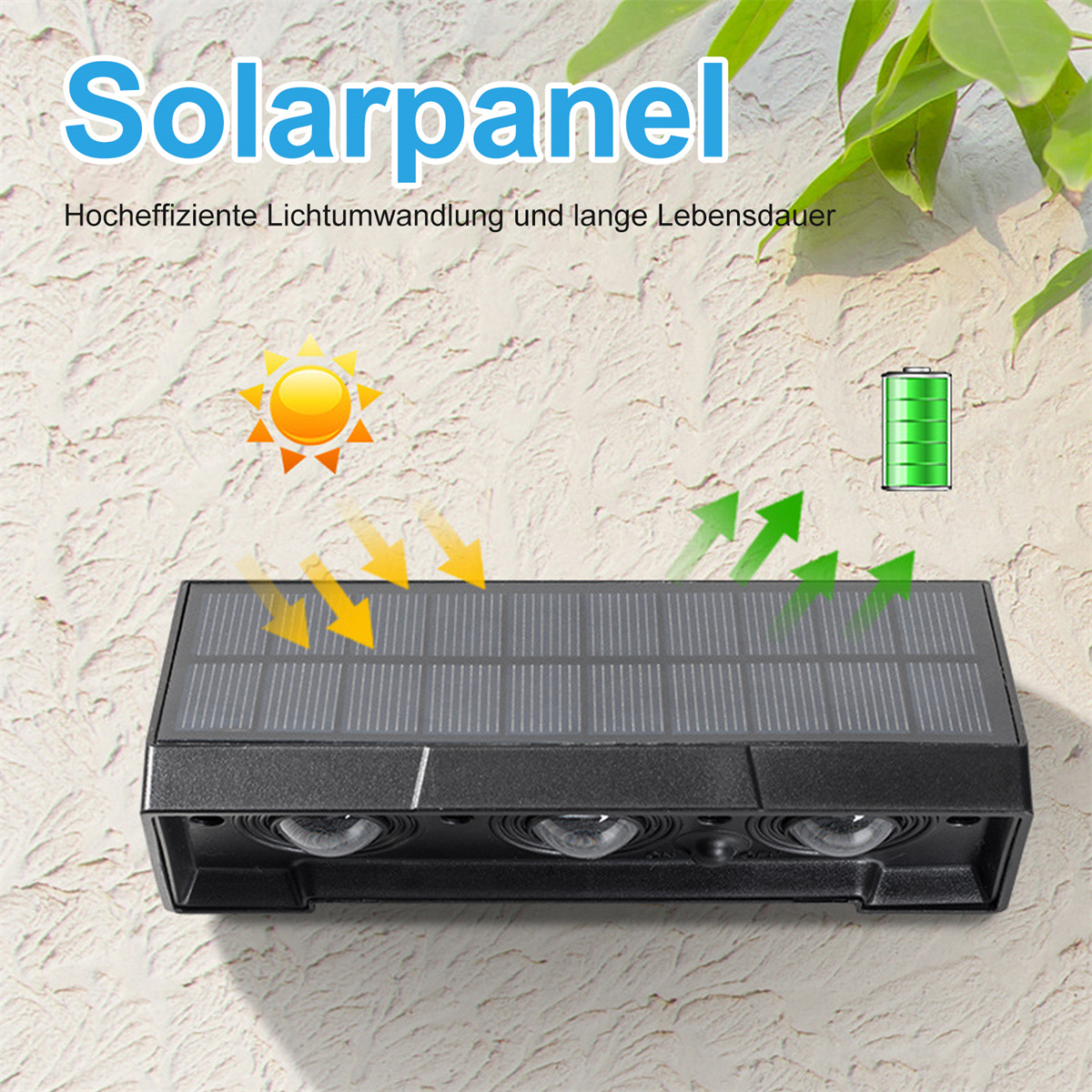 Schwarzes Solarpanel mit drei Lichtern, Pfeilen und Batteriesymbol vor Wand.