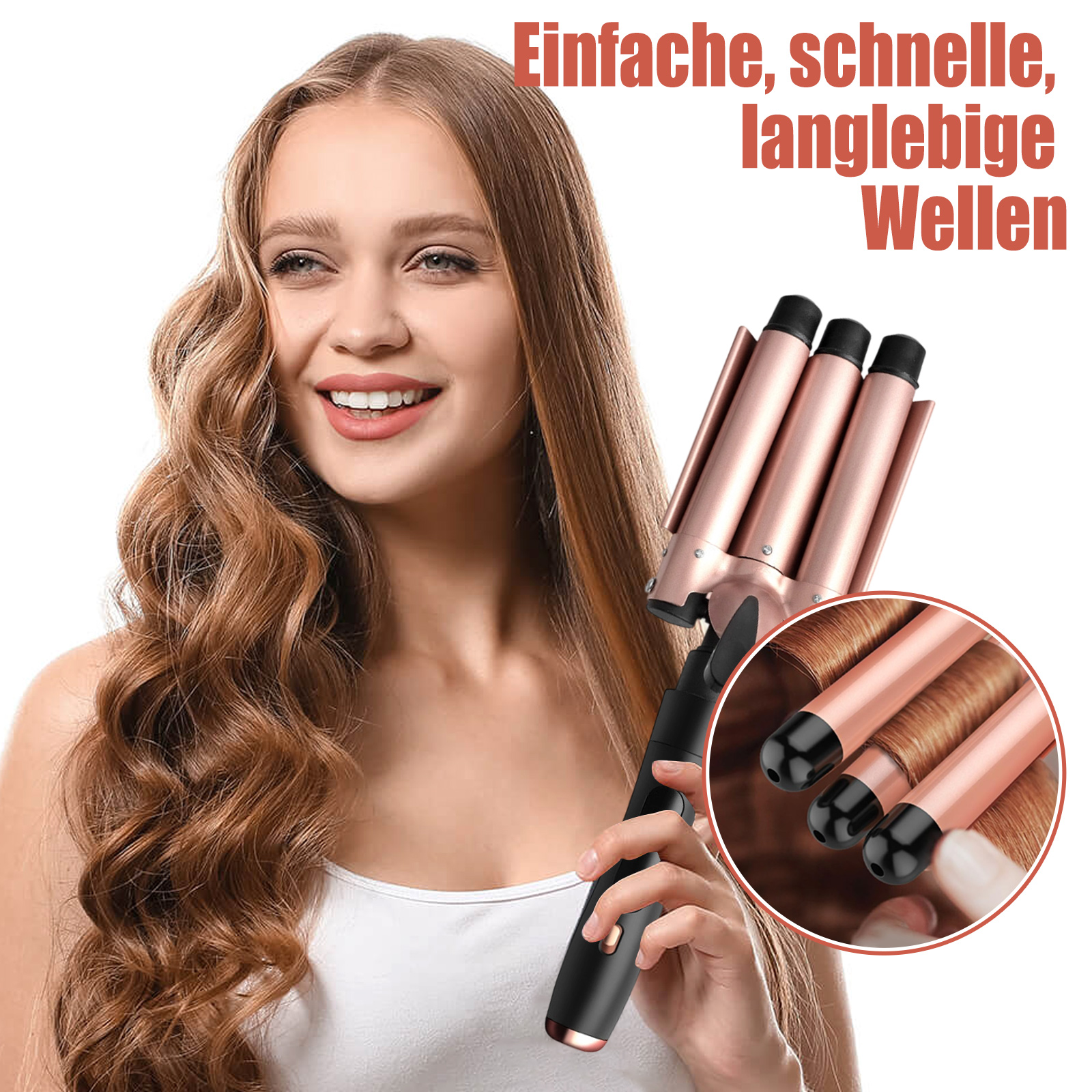 Eine lächelnde Frau hält einen Lockenstab, mit lockigem Haar und Produktbeschreibung.