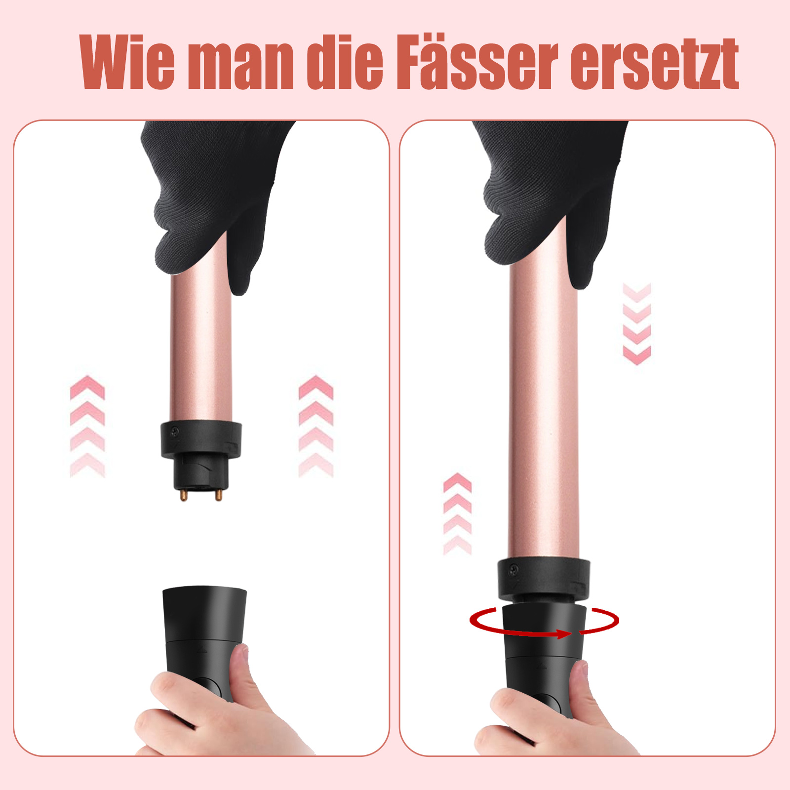Anleitung zum Auswechseln der Lockenwickler eines Lockenstabs, mit schwarzen Handschuhen und Pfeilen.