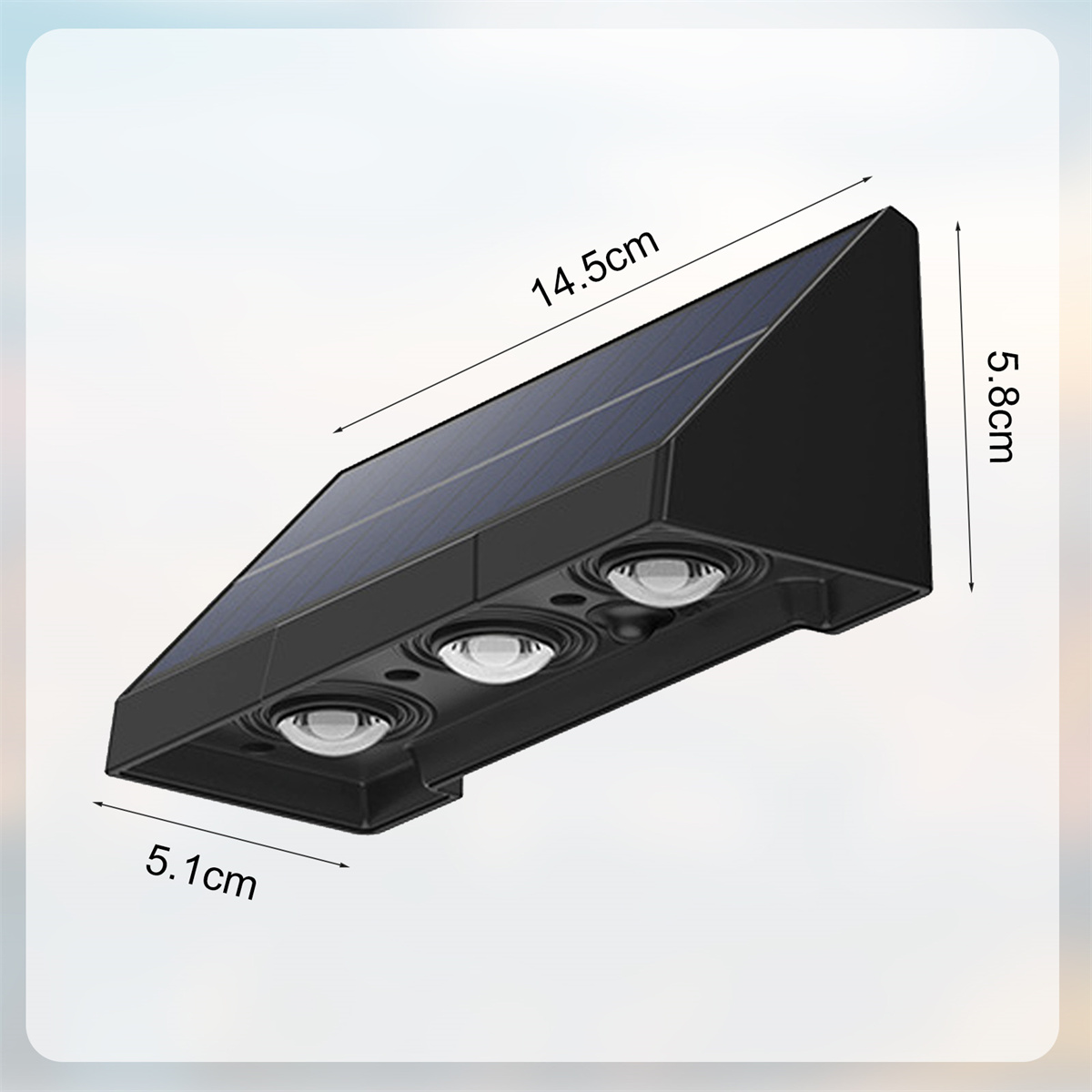 Schwarzes Solarlicht mit Maßangaben, zeigt Solarpanel und drei Leuchten.