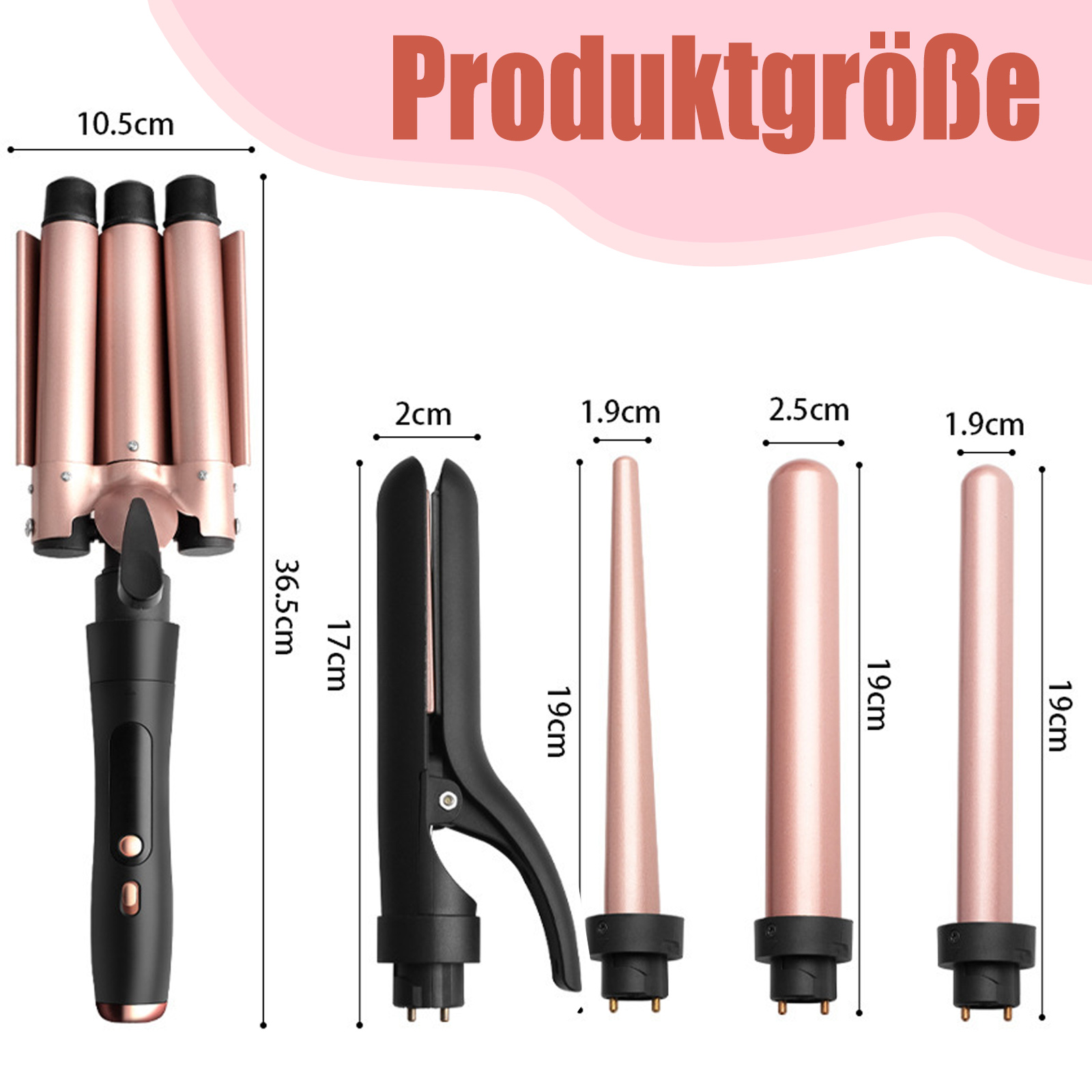 Verschiedene Lockenstabaufsätze mit Maßangaben, die verschiedene Formen und Größen zeigen.
